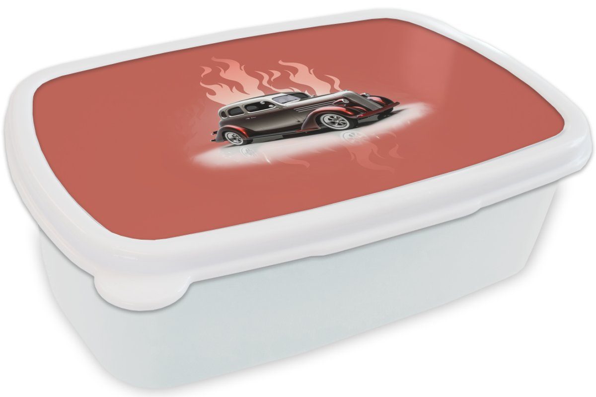 - Kunststoff, Erwachsene, Brotdose, für und MuchoWow (2-tlg), Auto Mädchen - für Rosa Brotbox Flammen, Kinder und - Jungs weiß Vintage Lunchbox