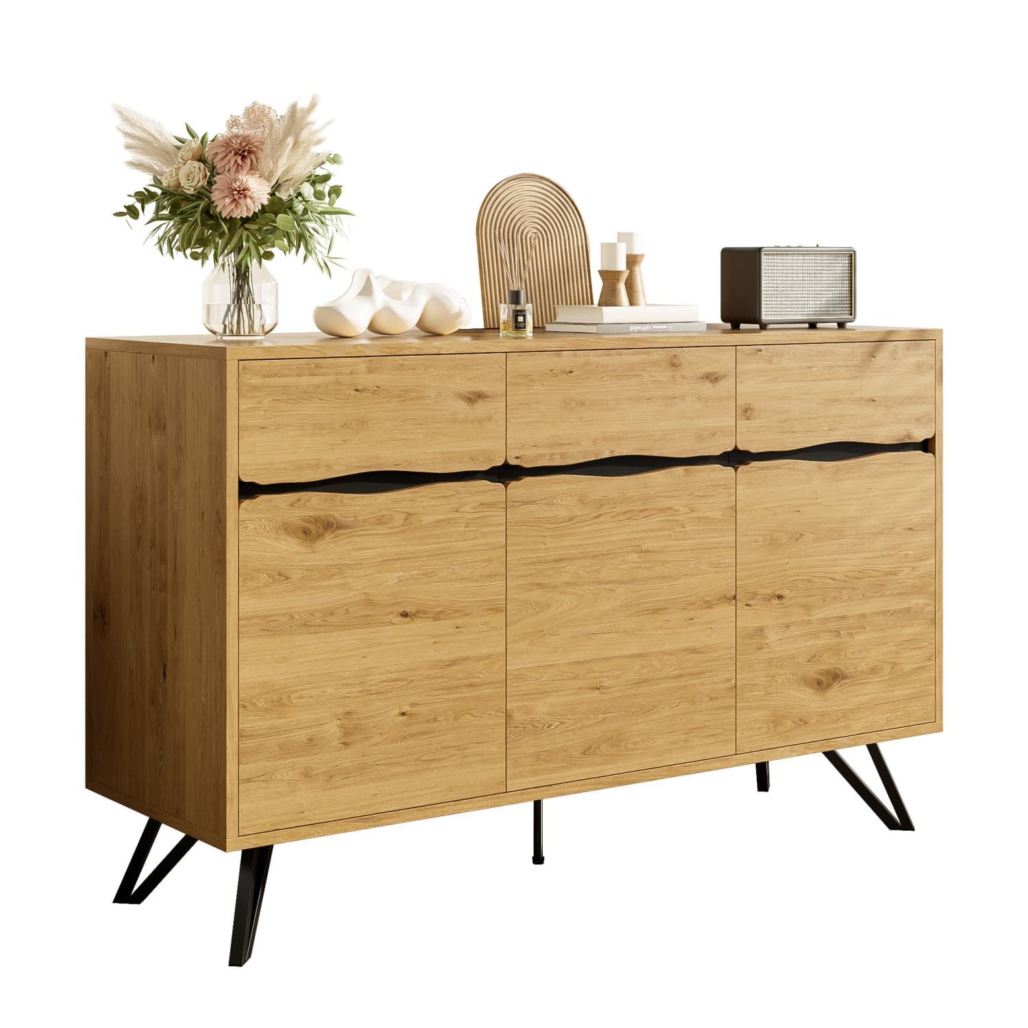 autolock Kommode 3-Türiges Sideboard in Holzoptik mit Metallbeinen – Modernes Design, Viel Stauraum,Stabil &Pflegeleicht–Für Wohnzimmer,Flur geeignet