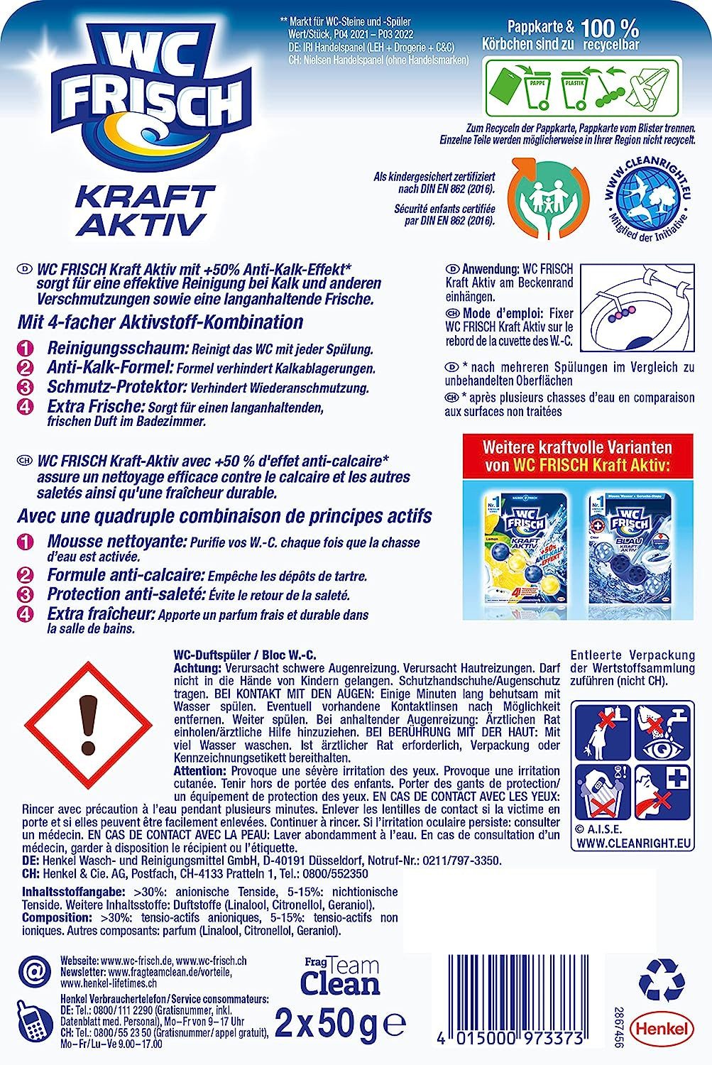 WC Frisch WC FRISCH Duftspüler Blüten-Frische Kraft Aktiv 100g WC-Reiniger (Doppelpack, [2-St. Duftsteine mit +50 % Anti-Kalk Effekt)