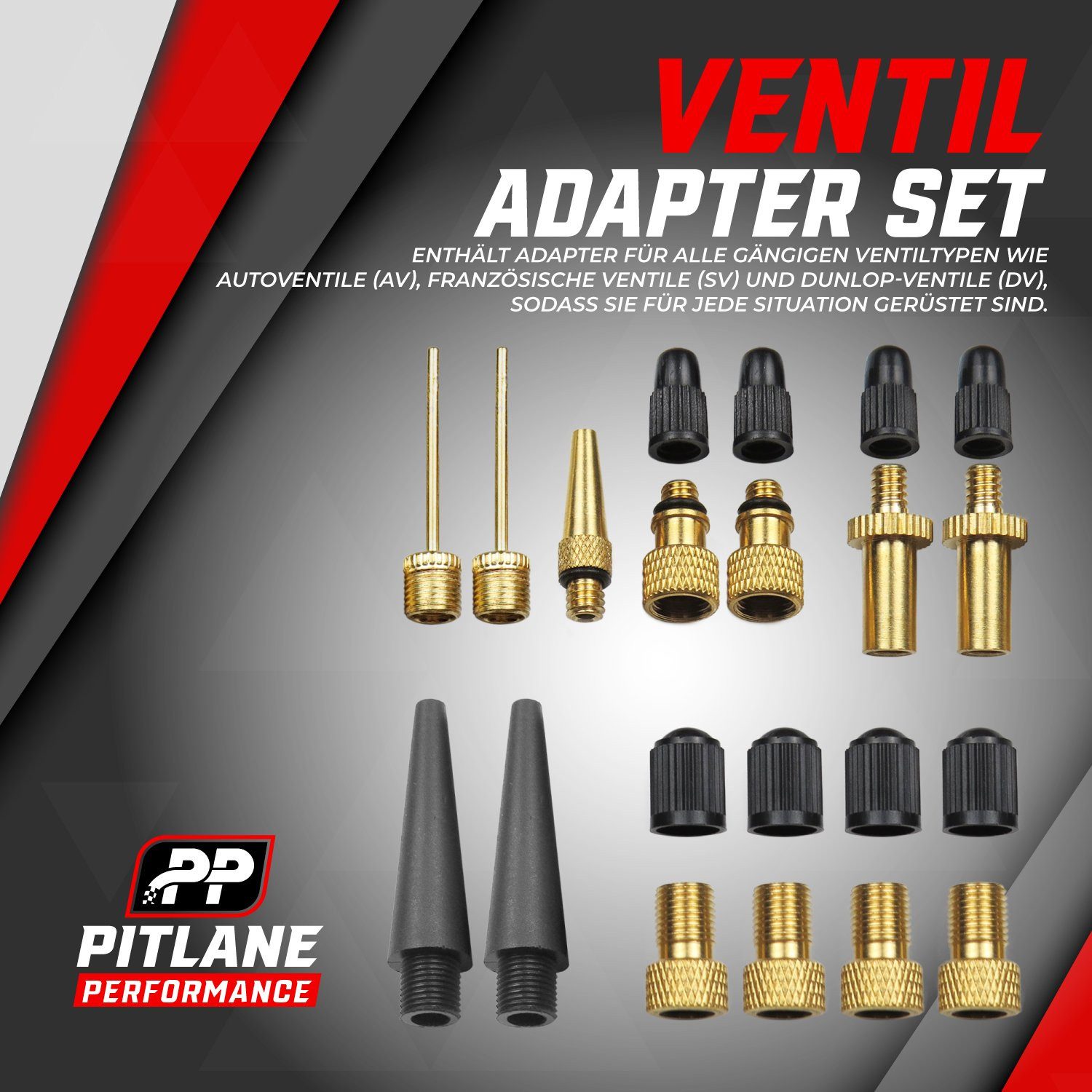 Pitlane Performance Luftpumpe Luftpumpen-Zubehör XXL (Ventil-Adapter-Set, 21-tlg., 21-teilig mit Adaptern, Zubehör und Aufbewahrungsbox), Für AV-, SV- und DV-Ve – Bild 3 von 5