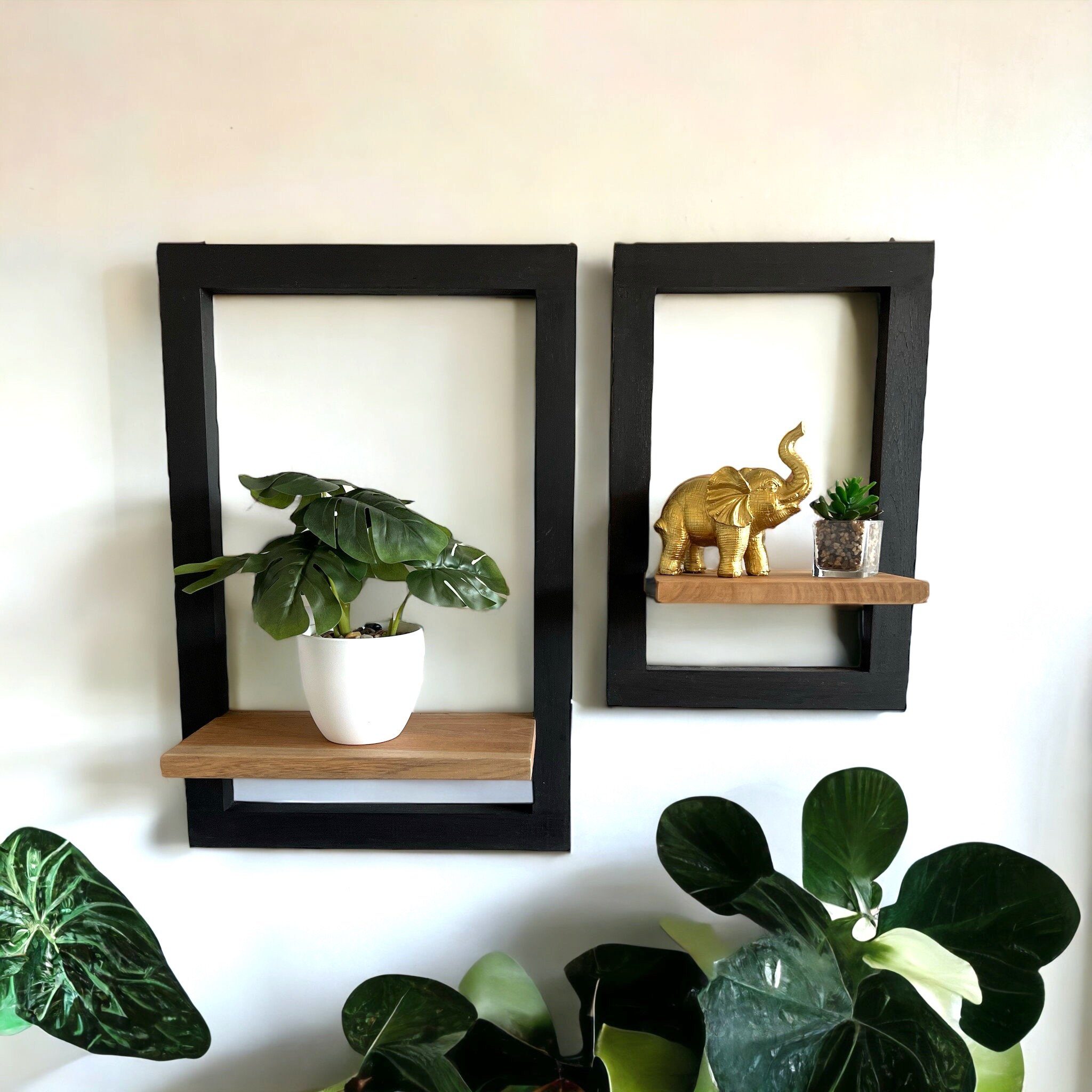FaHome Deko-Wandregal Wandregal aus Holz Schwarzer Rahmen und Natur Abstellfläche Hängeregal, Regal Massiv Holz