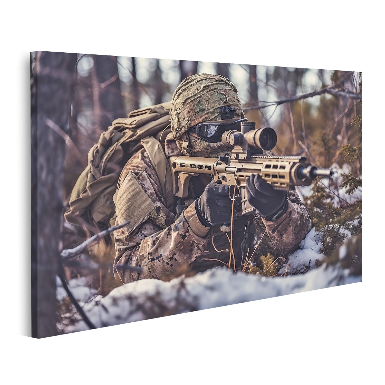 islandburner Leinwandbild Soldat In Wintertarnung Mit Gewehr Im Wald Wartend