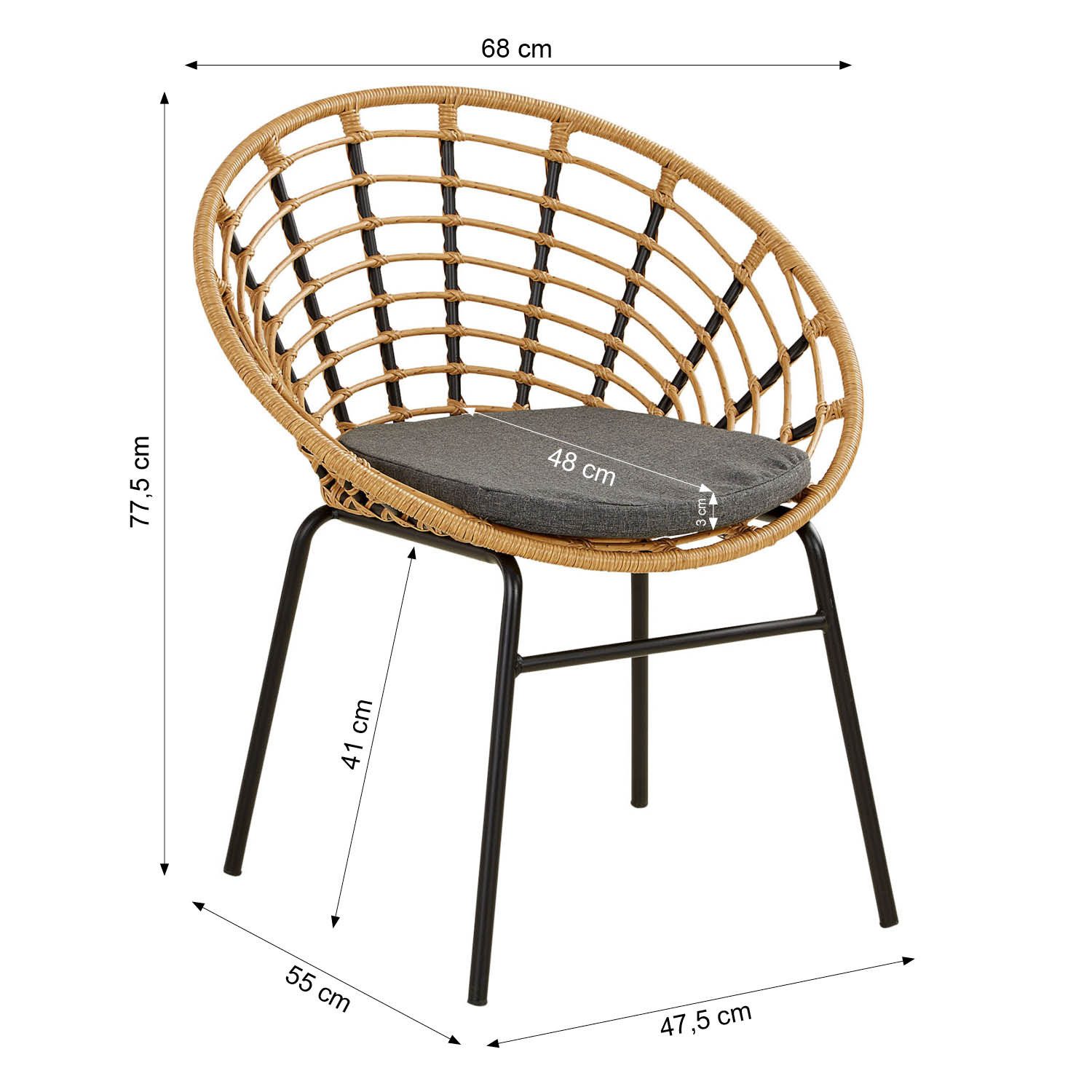Homestyle4u Gartenlounge-Set Set Gartenstuhl Gartenmöbel Rattan Natur Balkon Terrasse Schwarz, (3er Set, 5-tlg., 2 Stühle, 1 Tisch, 2 Kissen), mit Sitzkissen