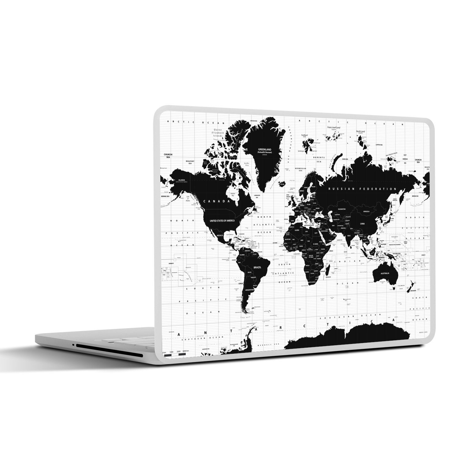 MuchoWow Laptop-Aufkleber Weltkarte - Schwarz - Weiß - Atlas - Erde - Bildung, (1tlg), Laptop Folien Cover, Aufkleber, Sticker, Schutz vor Kratzern, 25x18 cm