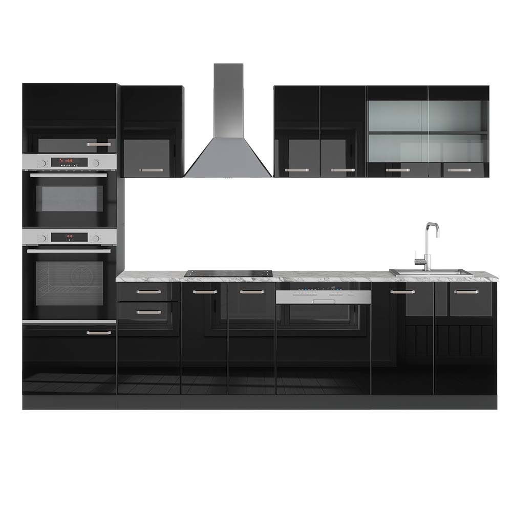 Vicco Кухніzeile R-Line, Schwarz Hochglanz/Anthrazit, 300 cm mit Hochschrank, AP Marmor