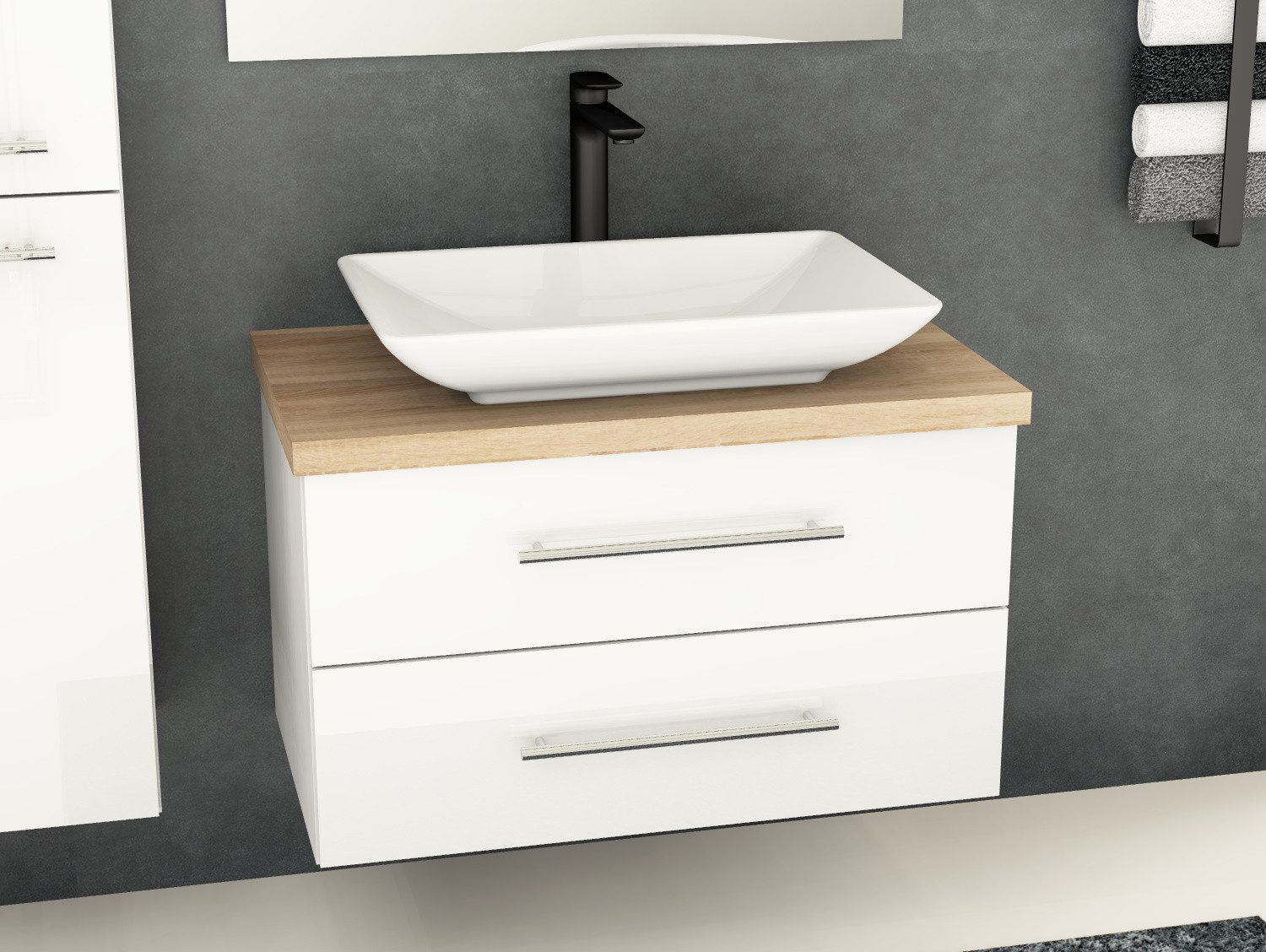 Aqua Bagno Badmöbel-Set Flex Badmöbel 80 cm, Aufsatzbecken Leon, Weiß Hochglanz & Eiche, (vormontiert, 3-St., Badmöbelschrank melaminbeschichtet, Trägerplatte, Keramikwaschbecken), einfache Montage, Skandi