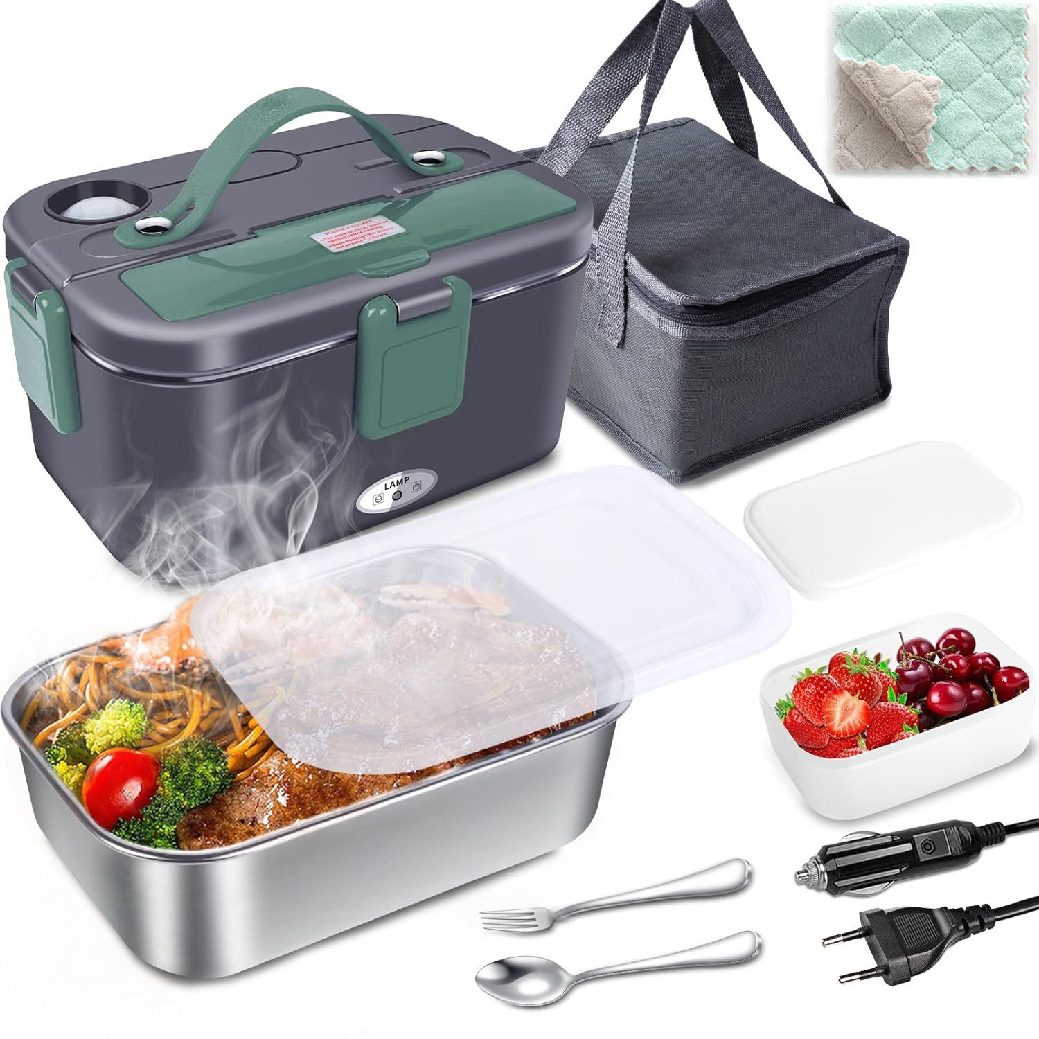 MOPUEA Elektrische Lunchbox 3 in 1 Elektrische Lunchbox Brotdose aus Edelstahl für Zuhause Auto, (1,8 L Großes Fassungsvermögen, mit Löffel und Gabeln, Tragetasche und Reinigungstuch), schnelles Erhitzen von Speisen, Design mit zwei Fächern