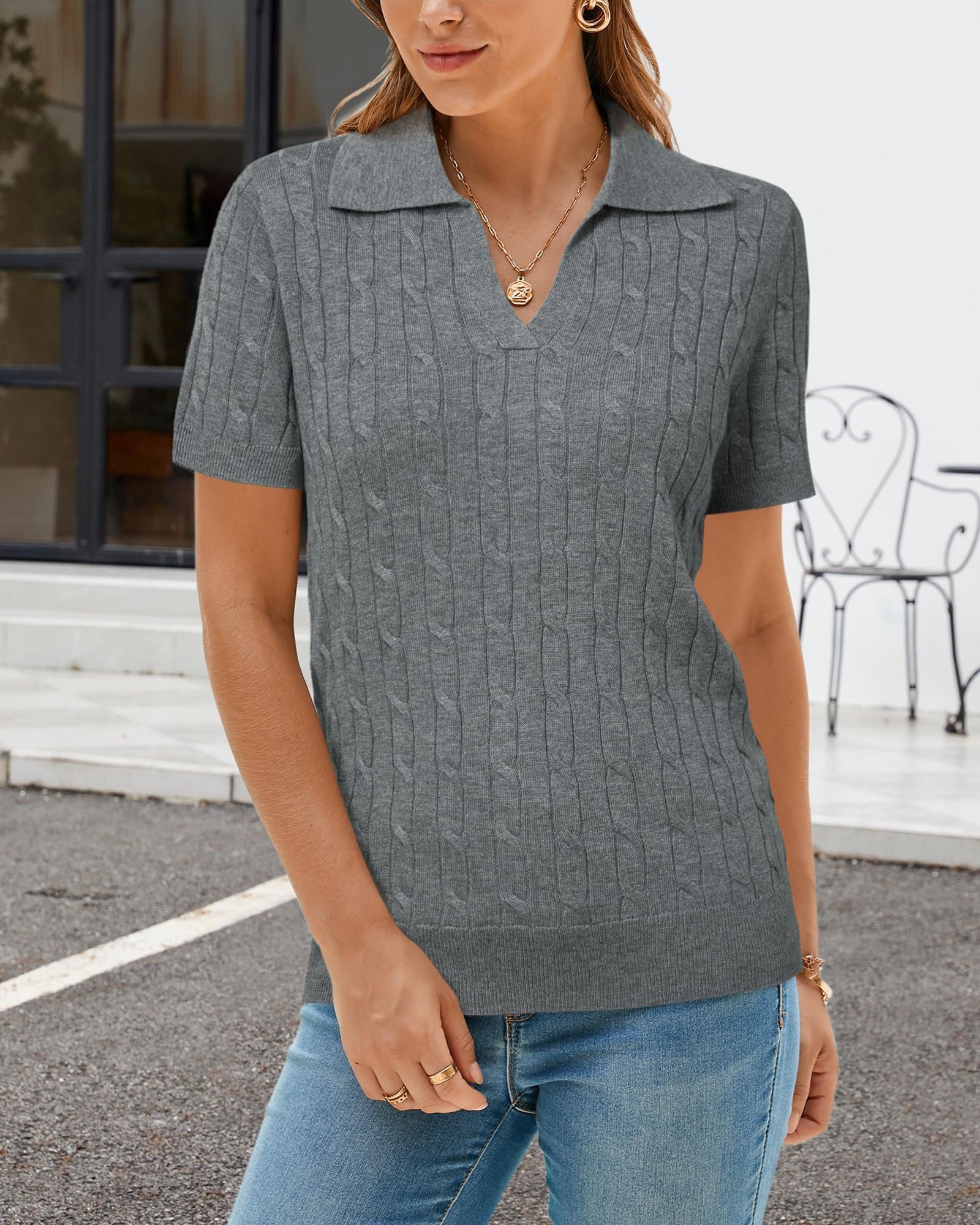 Arach&Cloz Poloshirt Damen Wollmischung Poloshirt Kurzarmpullover Strickpullover Volltonfarbe V-Shirt Tops Business Casual Kurzarmshirt Wollpullover
