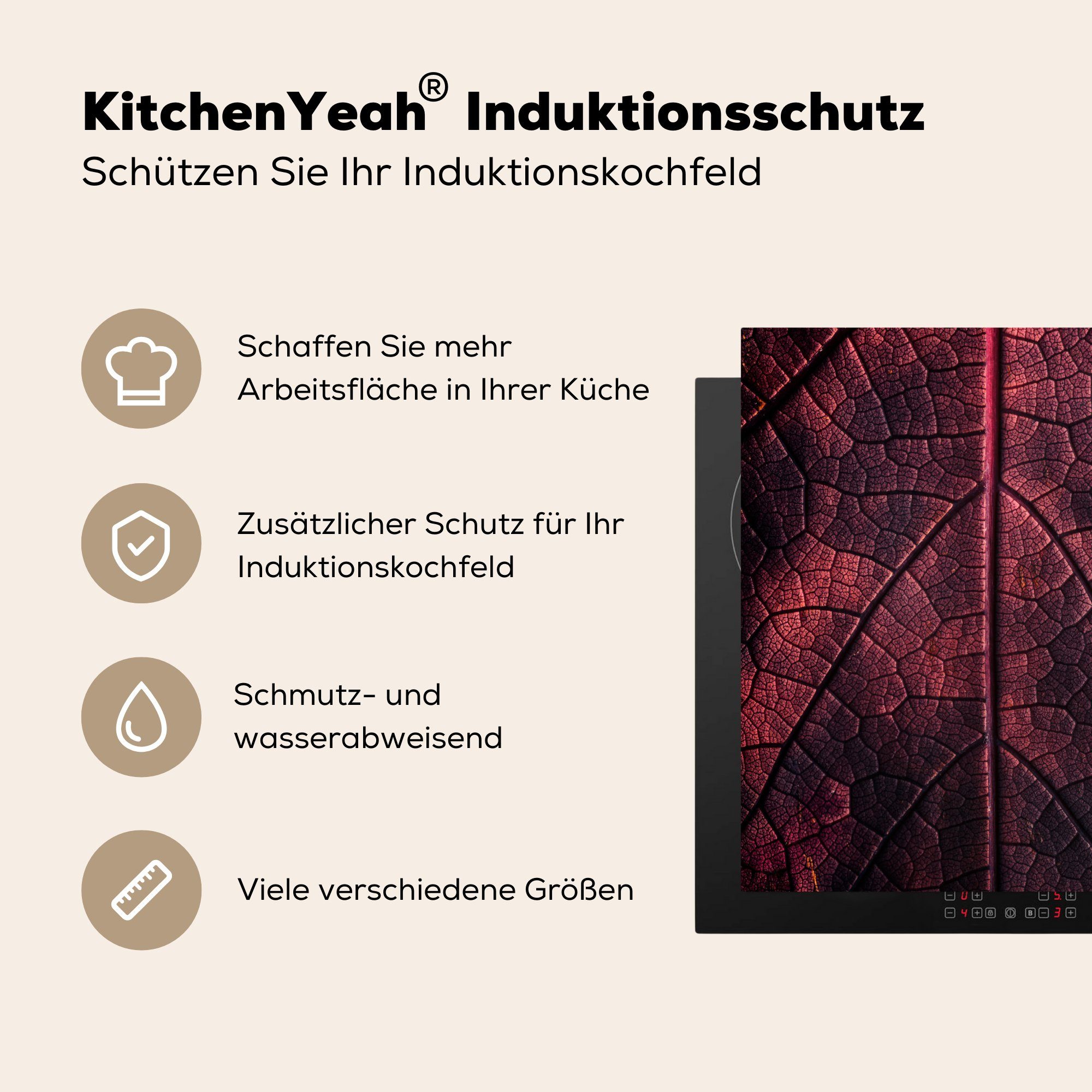 MuchoWow Herdblende-/Abdeckplatte Abstrakt 60x52 Vinyl, cm, (1 Ceranfeldabdeckung Rot - - Arbeitsfläche nutzbar, - Blätter Pflanze, tlg), Mobile