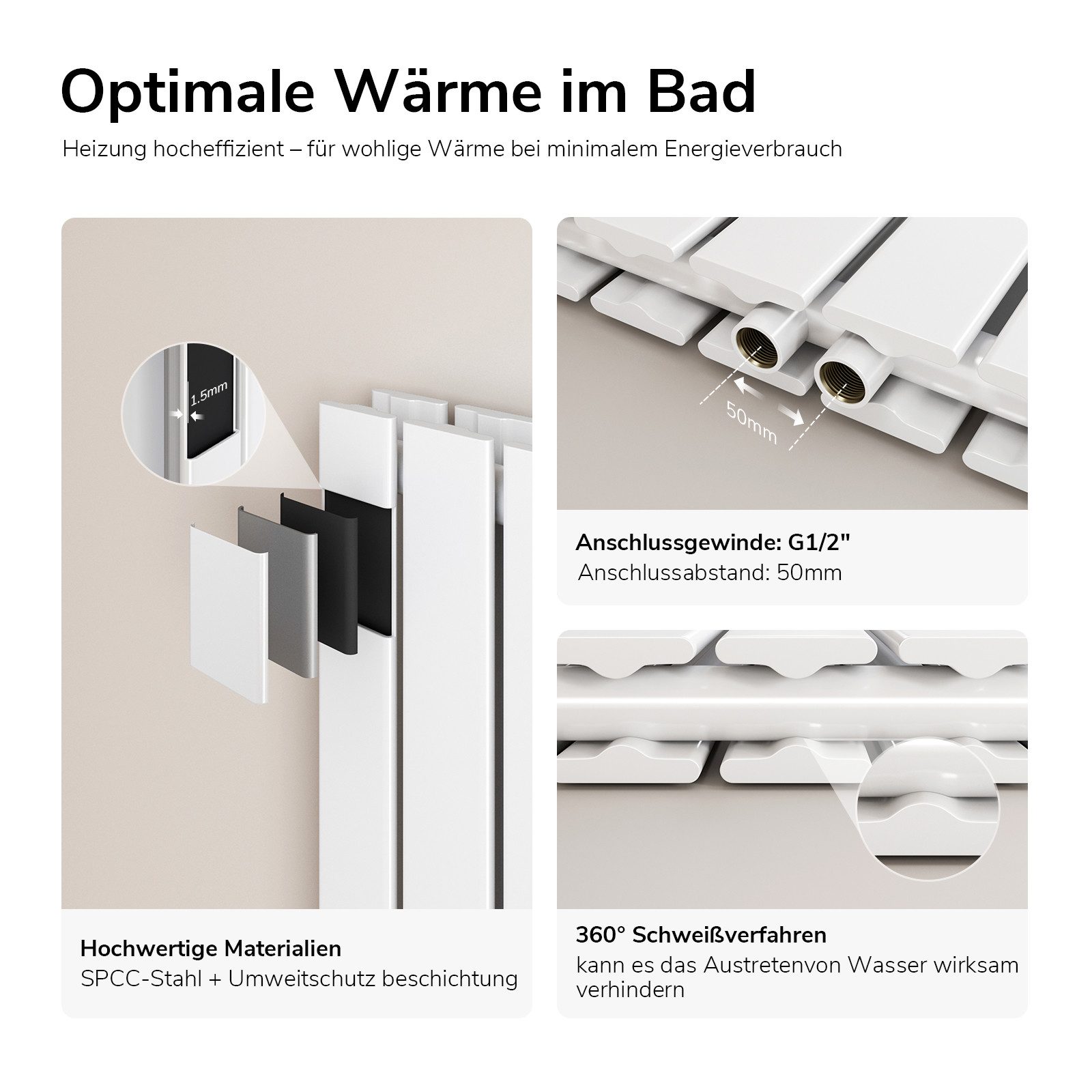 EMKE Heizkörper Flach Vertikal Doppellagig Design Paneelheizkörper Höhe: 160/180cm, 1691W für 16qm Raum Mittelanschluss Weiß