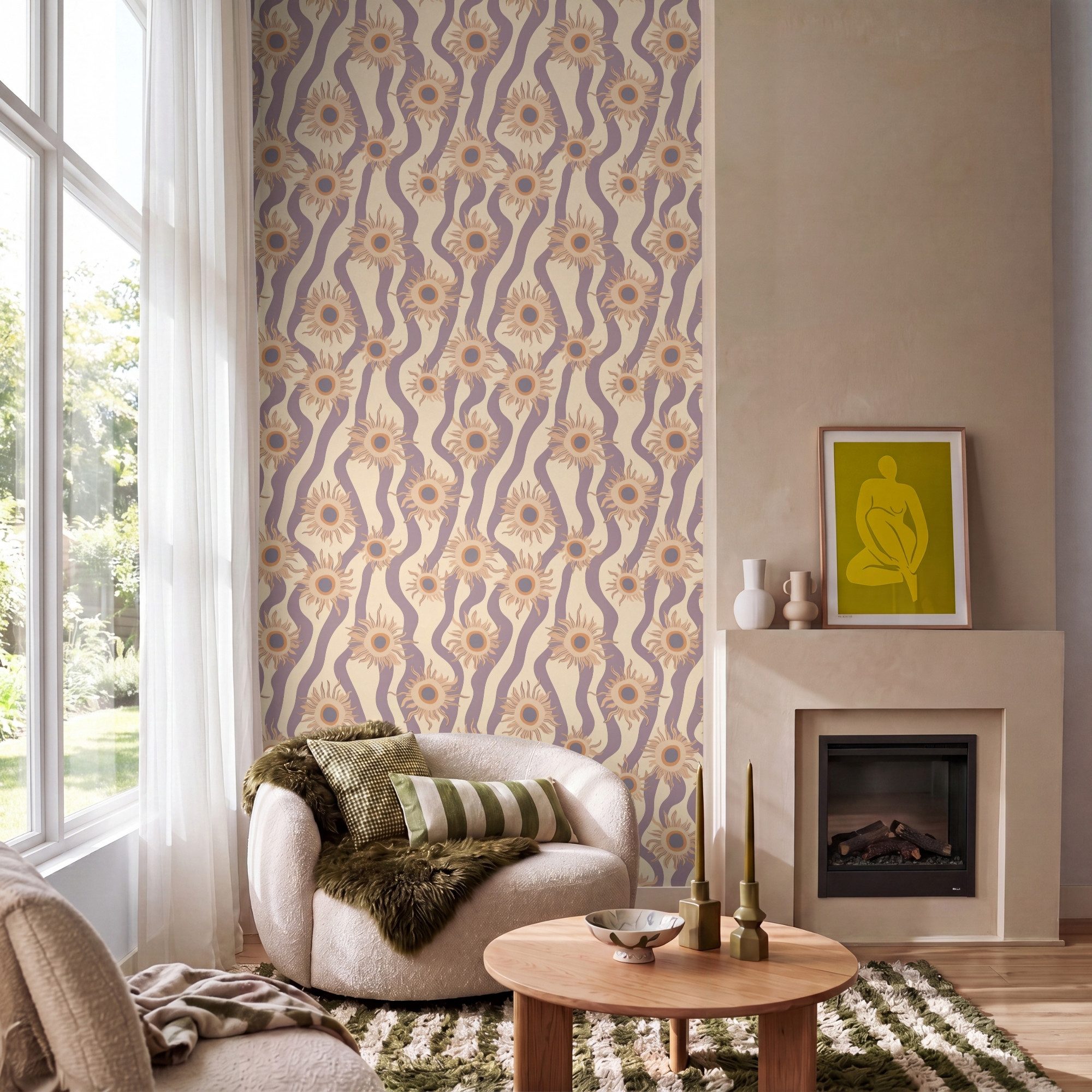 OnlyWow Fototapete Bohemian - Vibe - Lavendel lila, Matt, bedruckt, Wandtapete, Wohnzimmer, Schlafzimmer, Modern 120x240cm