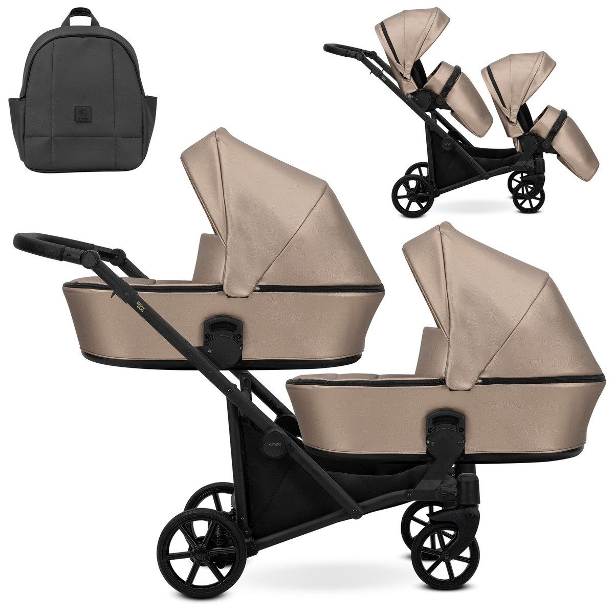 KUNERT Zwillings-Kombikinderwagen BRAV DUO 2in1 Öko-Leder Doppelkinderwagen - Flexibel und Kompakt, 12 Konfigurationen, leicht zusammenklappbar, großer Einkaufskorb