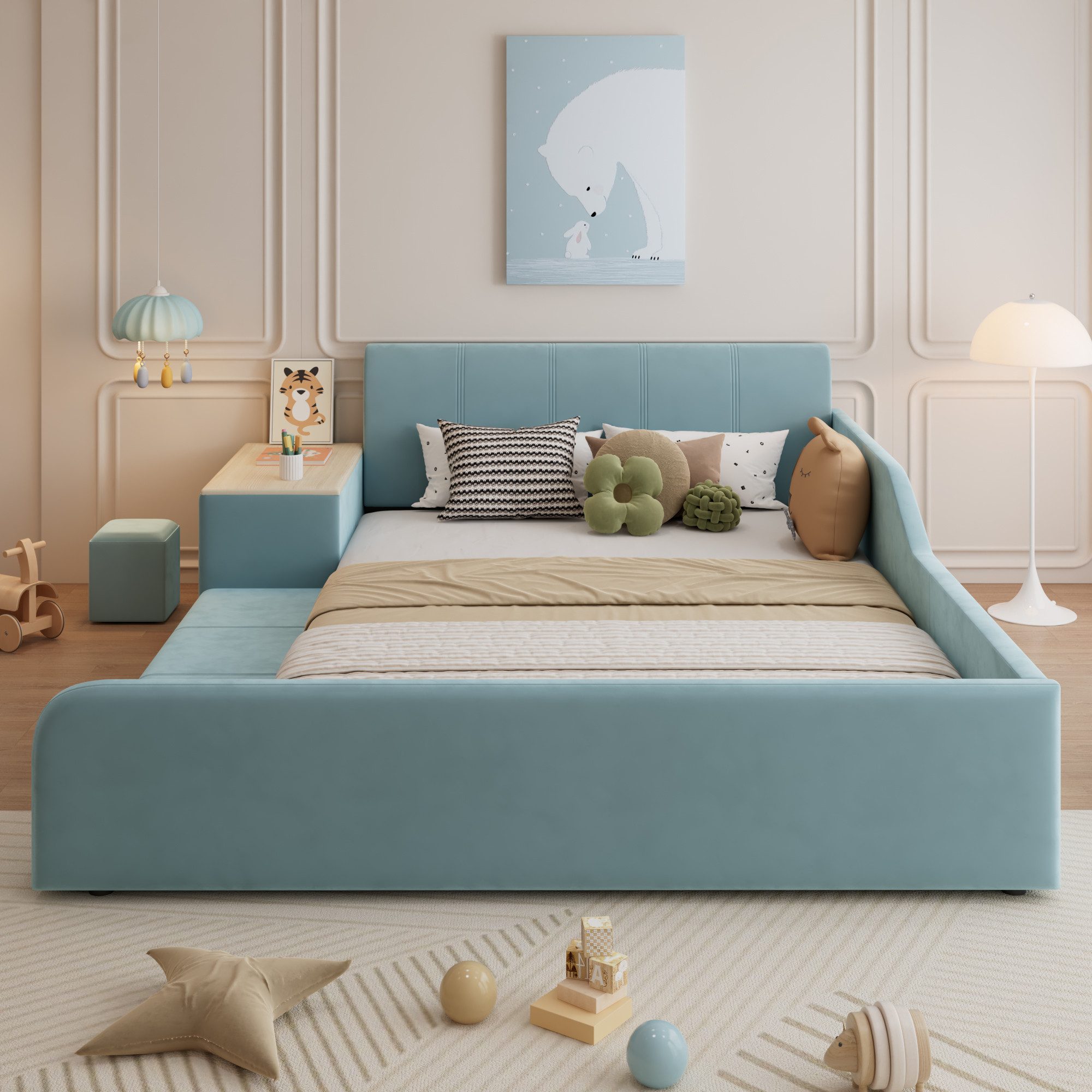 Flieks Polsterbett, Kinderbett 140x200cm mit Schreibtisch und Hocker mit Ra günstig online kaufen