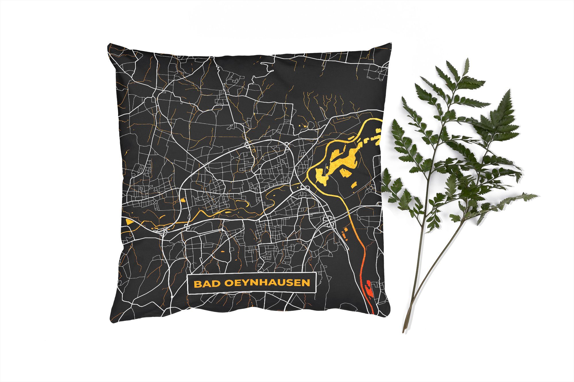 MuchoWow Dekokissen Deutschland - Schwarz und Gold - Bad Oeynhausen - Stadtplan - Karte, Zierkissen mit Füllung für Wohzimmer, Schlafzimmer, Deko, Sofakissen