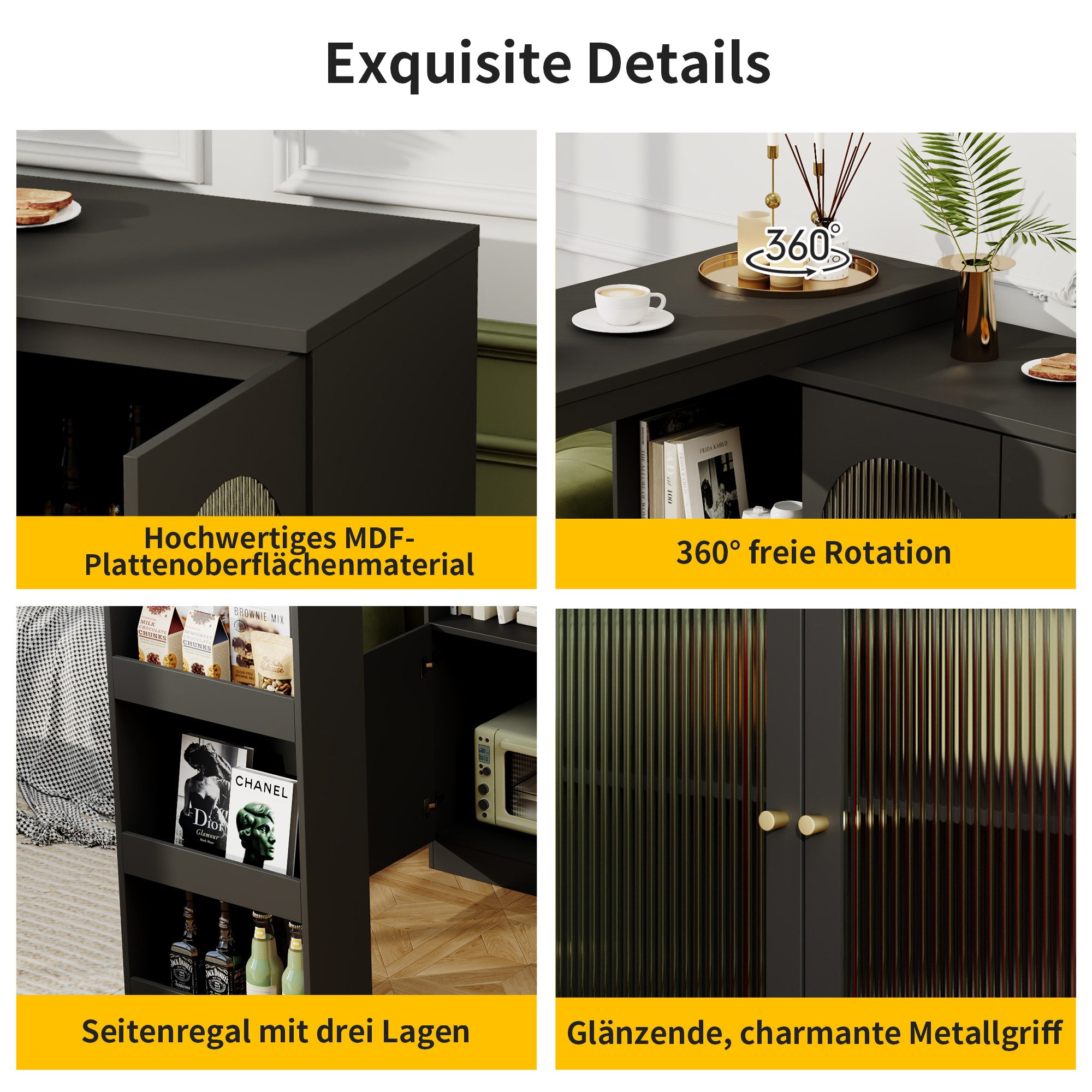 Tongtong Bartisch Um 360° drehbare Essbartisch mit Glastür, schwarz/weiß (1*Hauptkörper, 1*Beweglicher Teil, 1*Anschlussplatte), Hauptkörper 120 x 40 x 97 cm