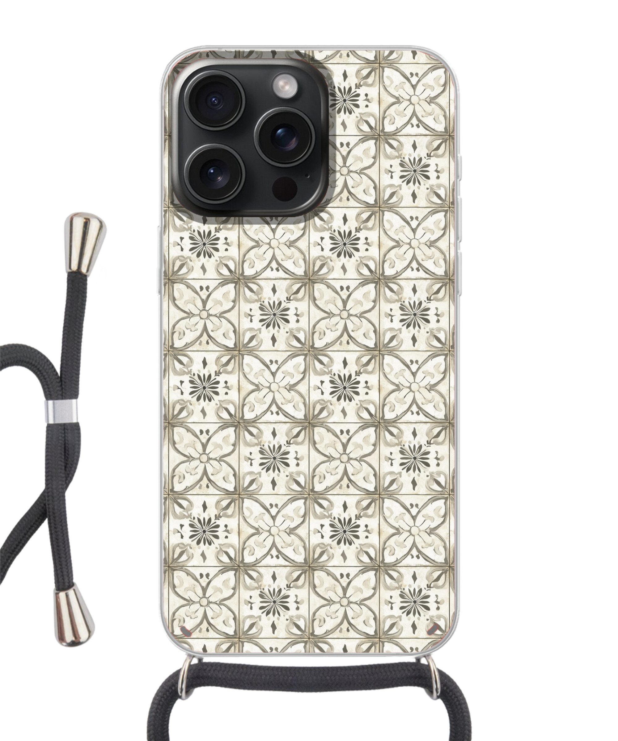 MuchoWow Handyhülle für Apple iPhone 15 Pro Max Antik - Fliese - Beige, Tragbare Handyhüllen mit Kette zum umhängen, Handykette Handyband