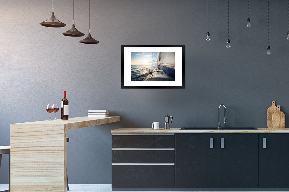 MuchoWow Poster Meer - Segelboot - Sonne, (1 St), mit Rahmen, Kunstdruck, Gerahmtes Poster, Schwarzem Bilderrahmen