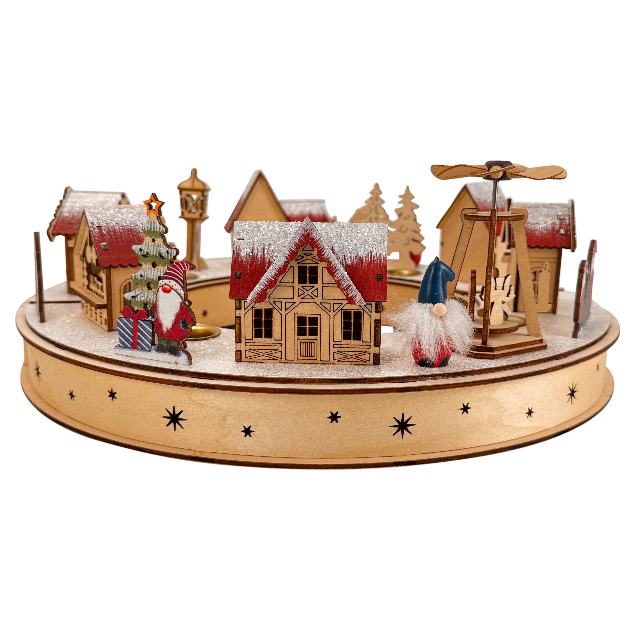 Online-Fuchs Kerzenhalter für 4 Stabkerzen - Adventskranz mit LED-Beleuchtung & Timer (mit Häusern, Tannenbäumen und niedlichen Wichteln, Weihnachtsdeko), Winterlandschaft mit drehender Pyramide oder Weihnachtsbaum
