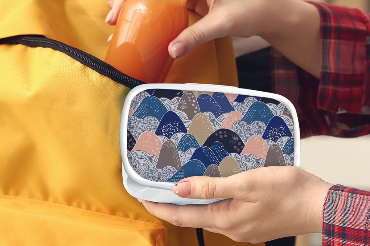 Kunststoff, Jungs Brotdose, MuchoWow und Lunchbox - (2-tlg), für - - Erwachsene, und Kinder Japanisch Mädchen Brotbox für Pastell weiß Muster, Berg