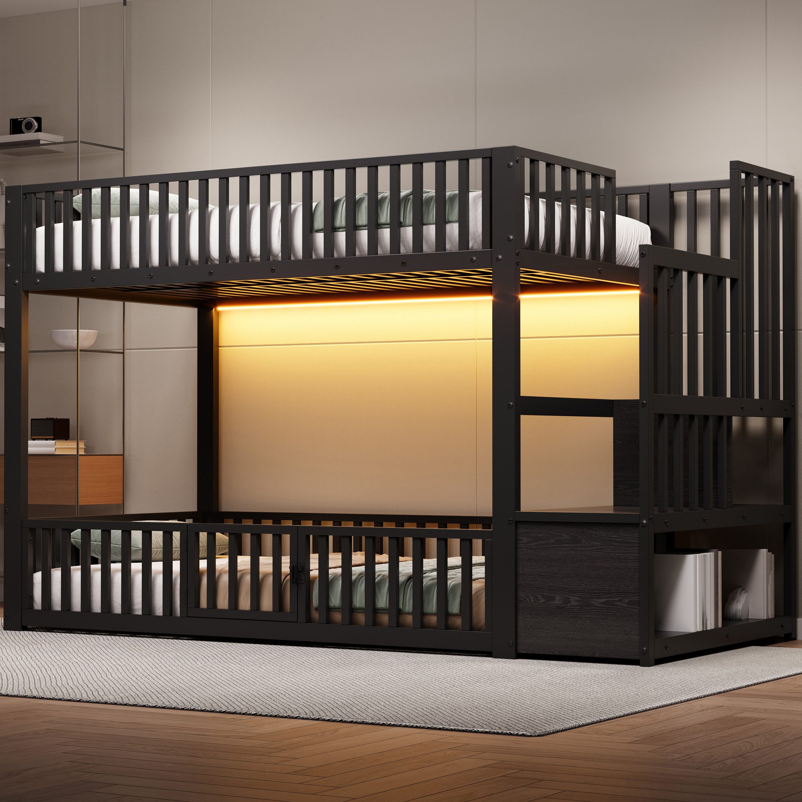Flieks Etagenbett, Metallbett Kinderbett 90x200cm mit LED-Beleuchtung & oberem Lattenrost