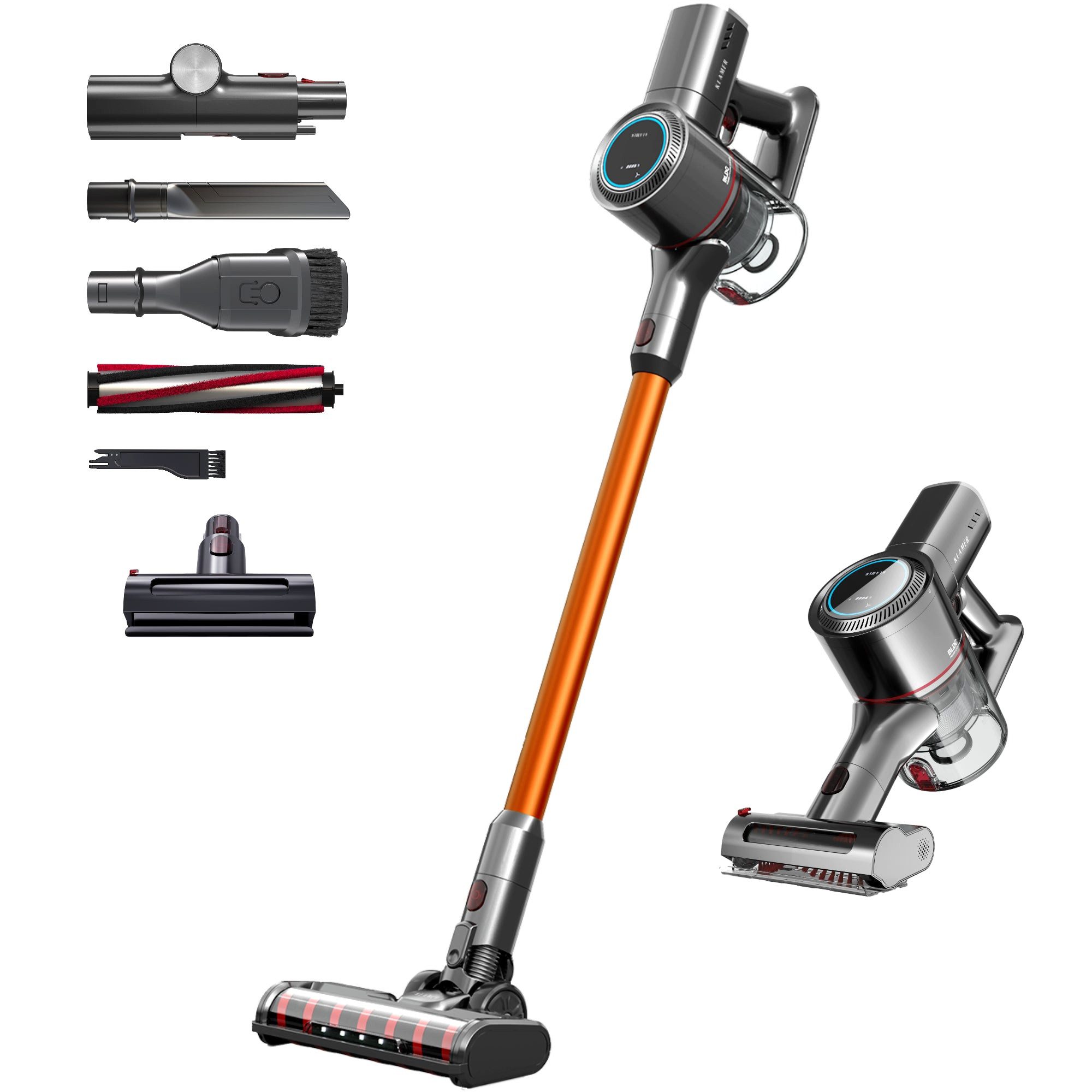 KLAMER Akku-Hand-und Стальной пылесос 420 Watt Kabelloser, 1 Akku, Flexibler Ручные пылесосы mit verschiede…, 420 W, beutellos, 25,2V Akku, LED Display & Frontlicht, Leichte Steuerung, 3 Aufsätze