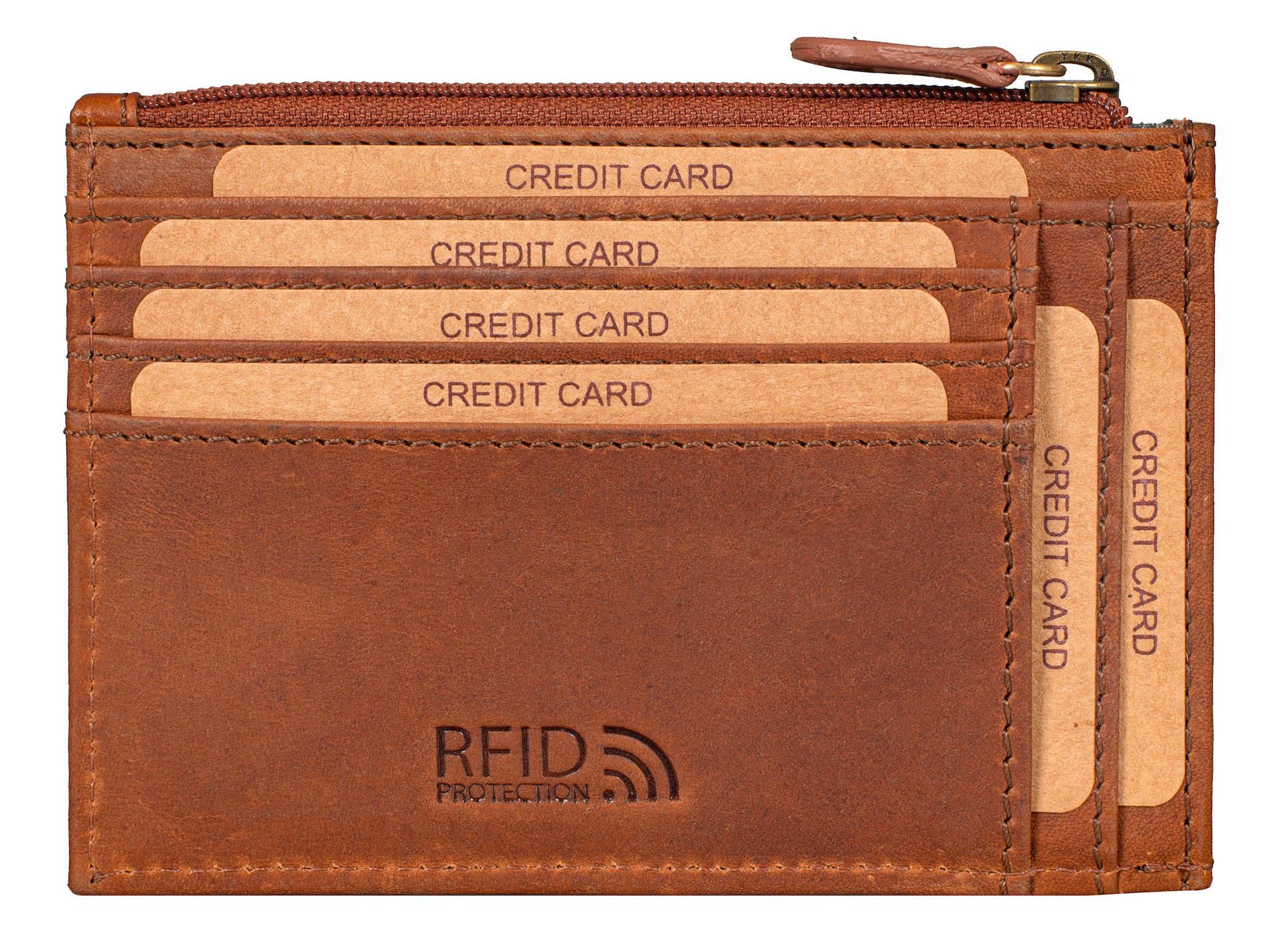 Braun Kartenetui Benthill Leder Mini Portemonnaie Echt RFID-Schutz Slim Wallet, Münzfach Kartenfächer Geldbörse Reißverschlussfach Kreditkartenetui