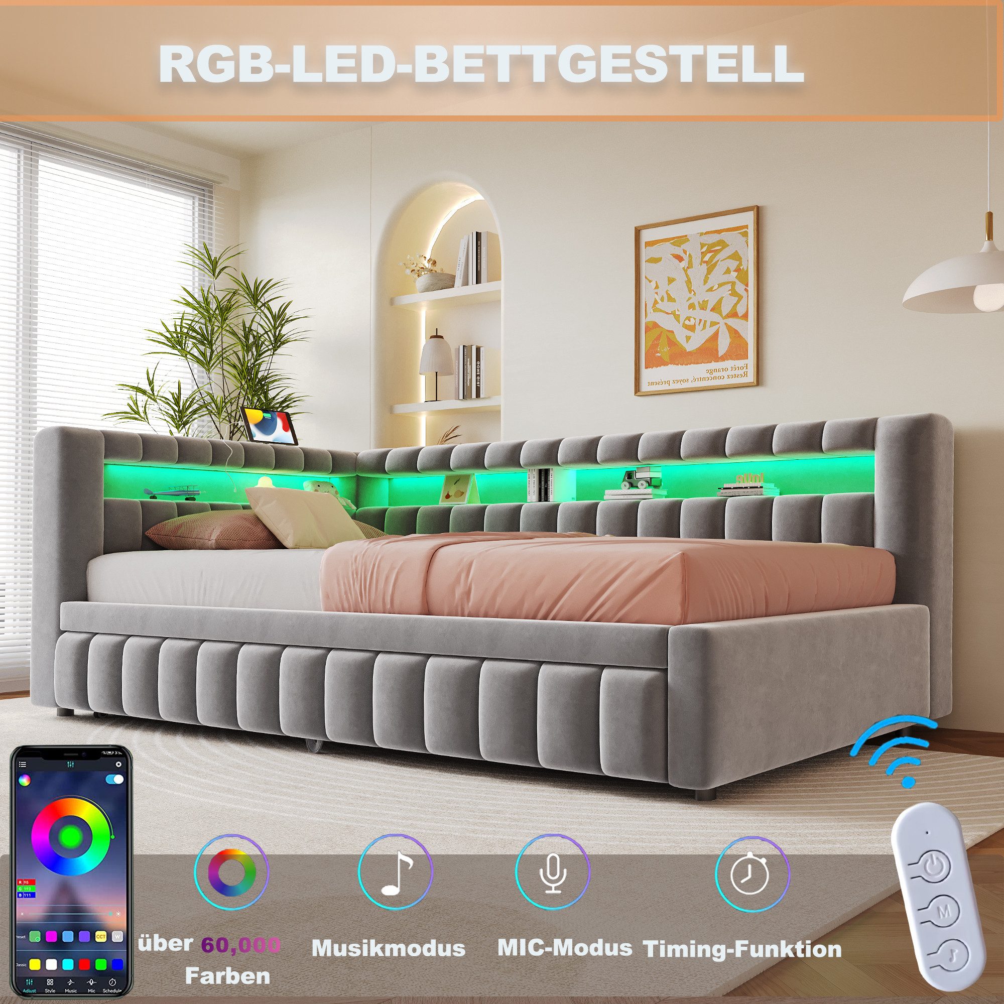 Flieks Daybett, Polsterbett Schlafsofa 90x200cm mit Ausziehbett 90x190cm, LED&Aufladen