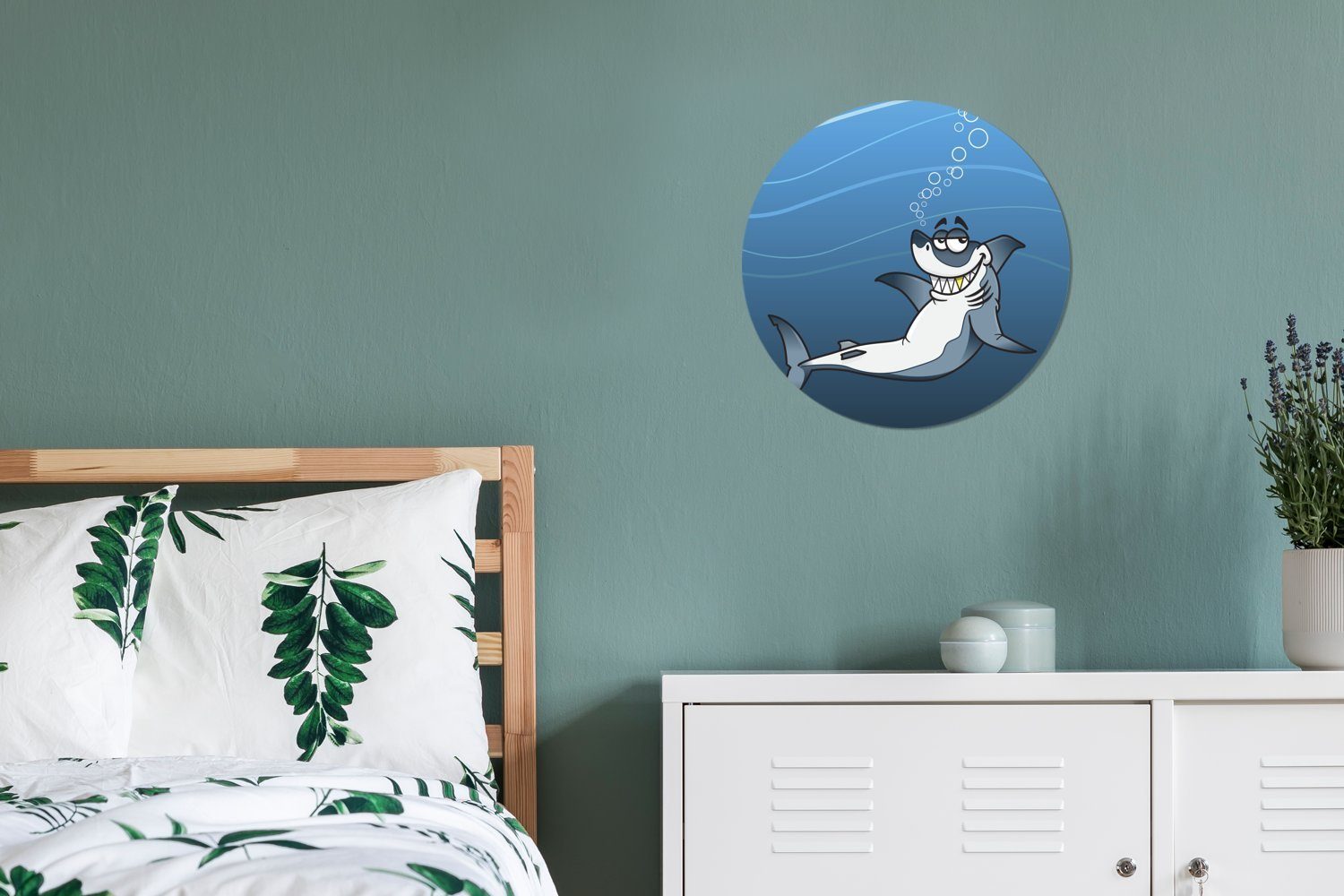 MuchoWow Wandsticker Eine lachenden Tapetenaufkleber, im Meer Hais (1 eines Illustration Tapetenkreis St), Kinderzimmer, für weißen Rund, Wohnzimmer