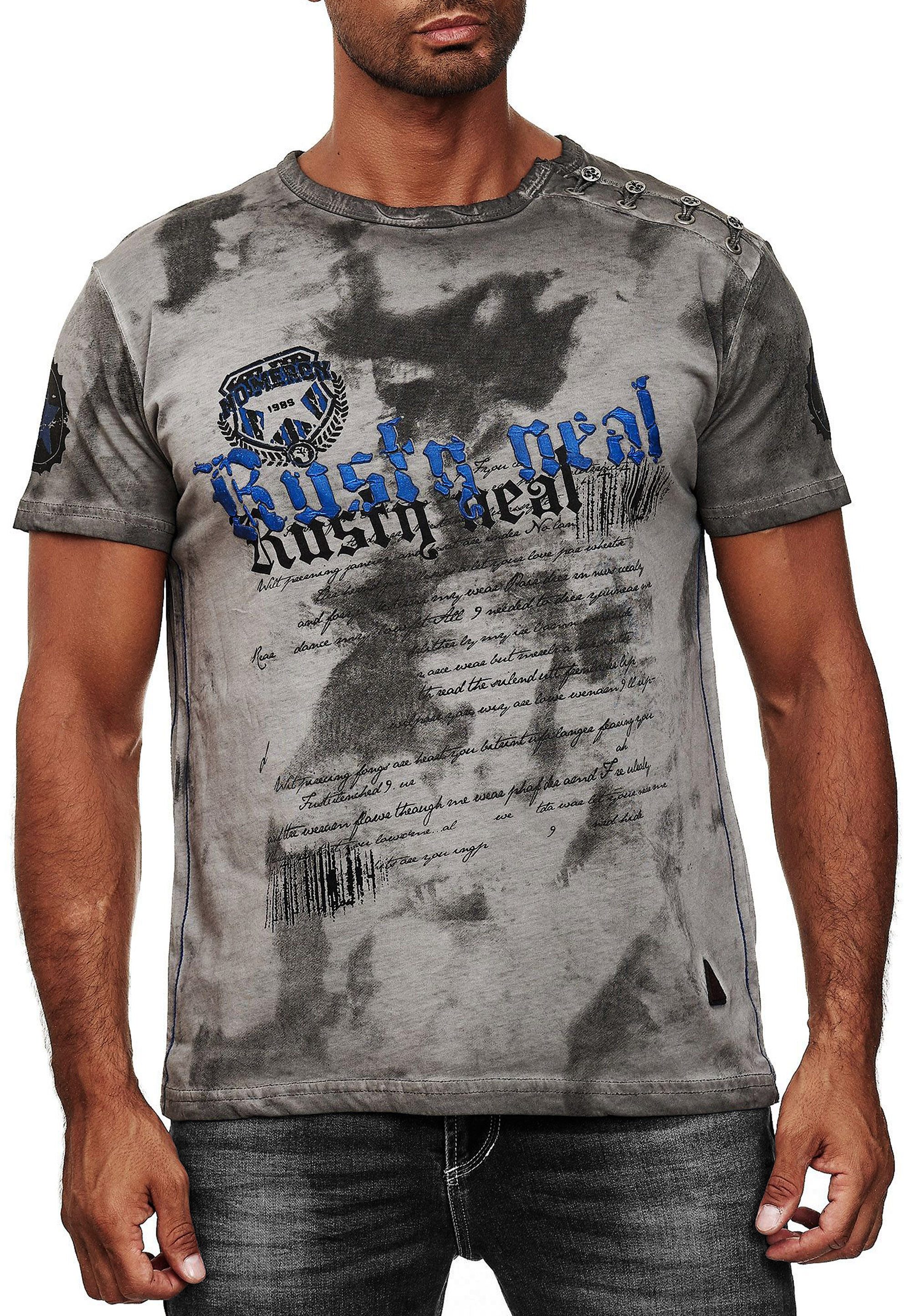 T-Shirt Herren T-Shirt Verwaschen mit Seitlicher Knopfleiste und Front Prints