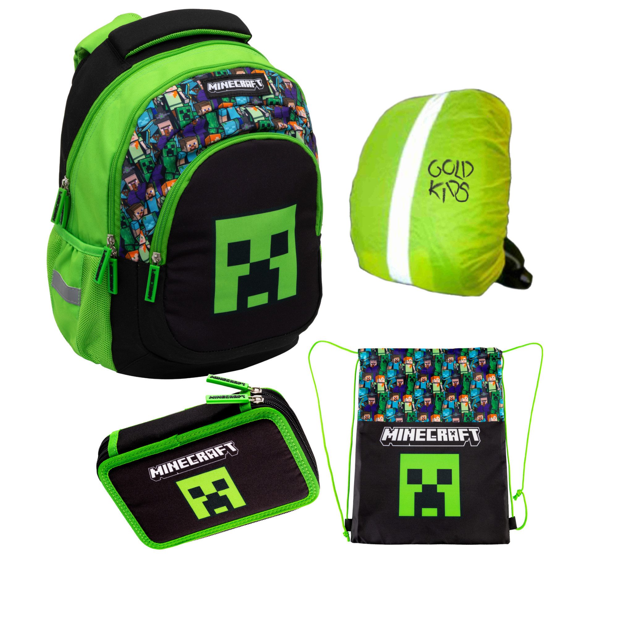 GOLDKIDS Ранцы für Jungen und Mädchen, 4er-Set - (Schul-Rucksack für Kinder mit Federmäppchen, 1-tlg., - Schuhbeutel und Regenschutz), - Minecraft Motiv