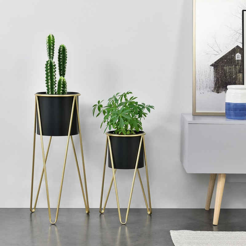 en.casa Blumenständer, Hedera 2er Set Pflanzenständer aus Metall Gold / Schwarz
