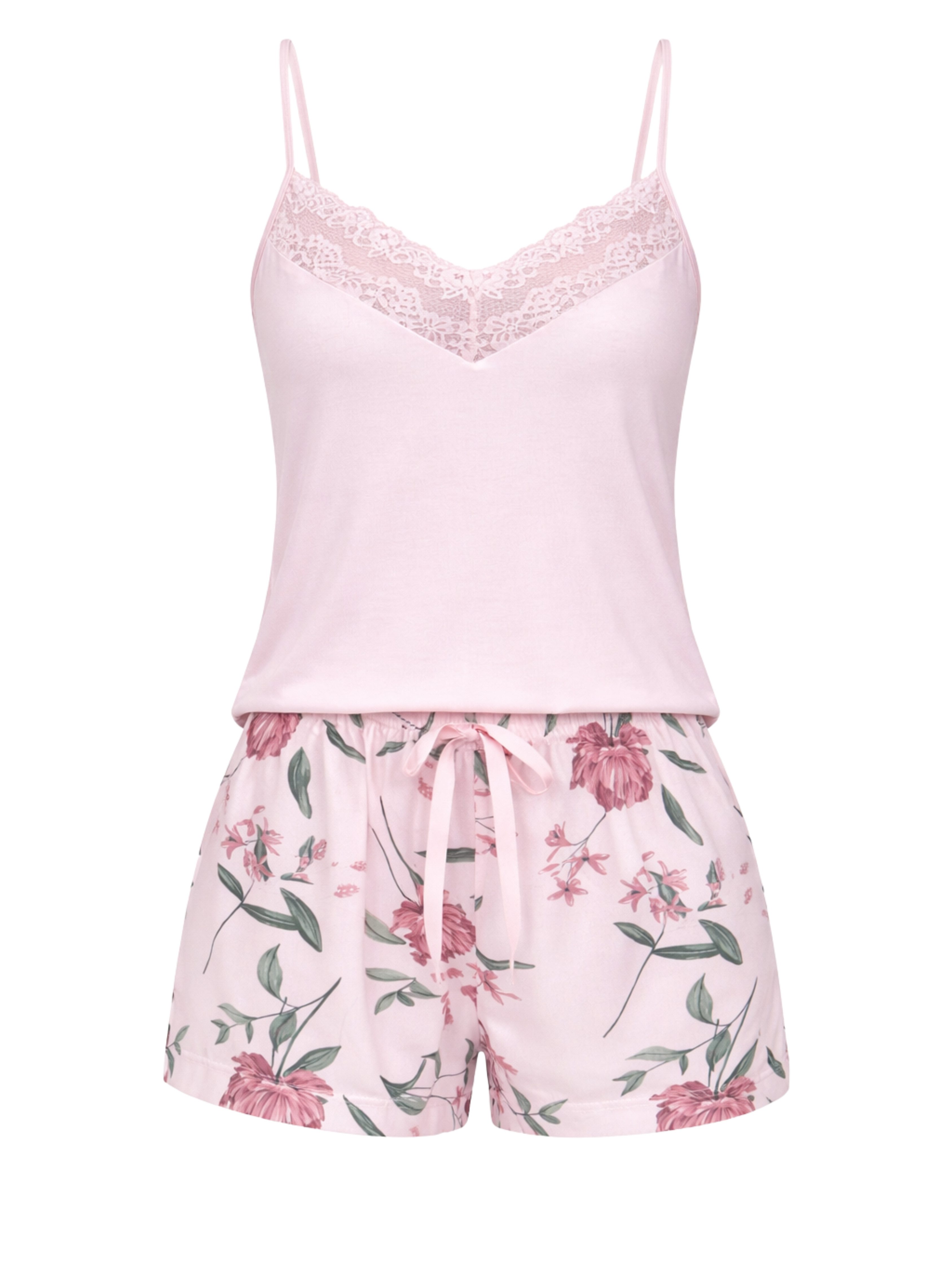Donna Shorty Damen Pyjama kurz mit Spitzentop (2 tlg) Spaghettiträger & Viskose-Shorts im romantischen Blumenprint – Bild 2 von 5