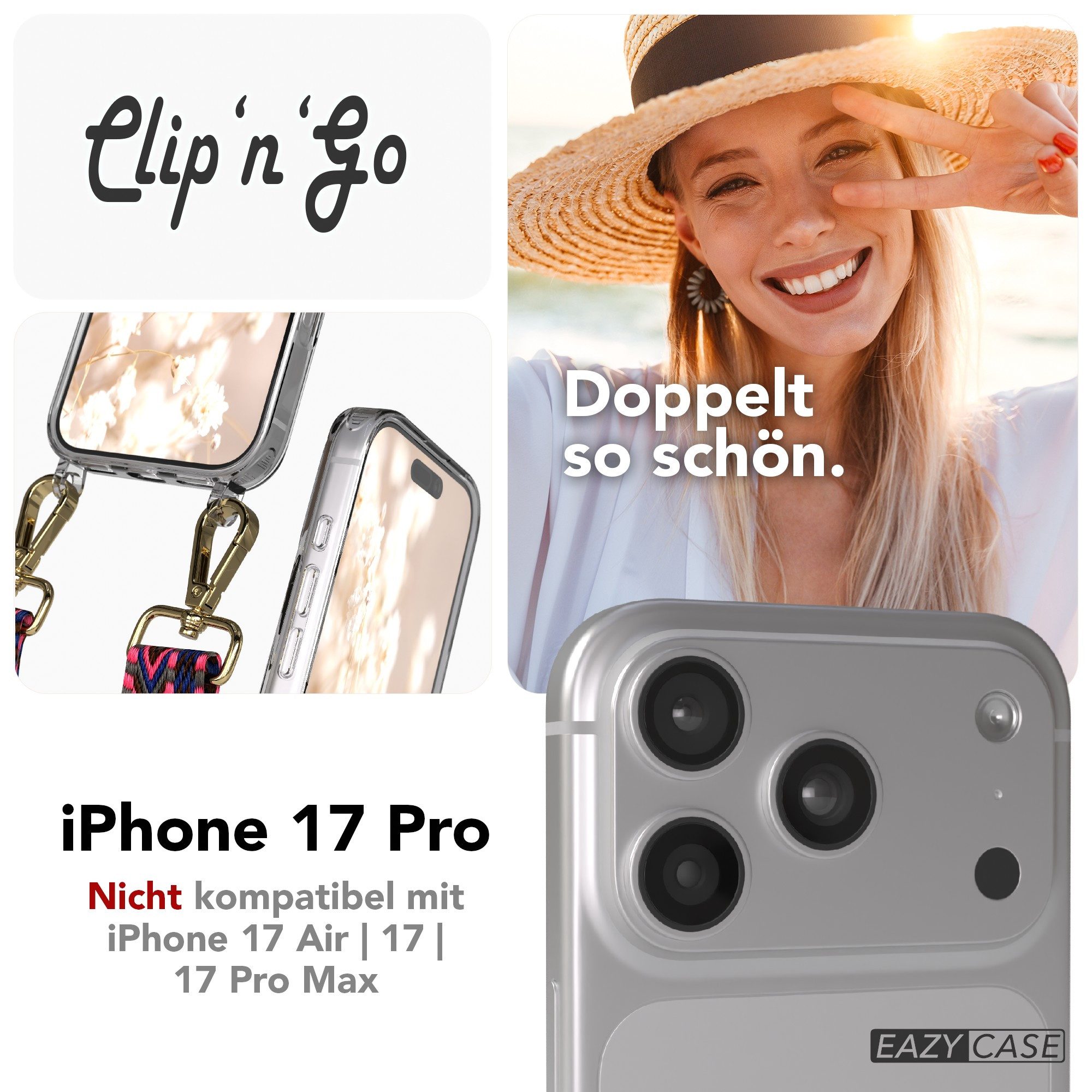 EAZY CASE Handykette Umhängeband MagSafe Hülle für Apple iPhone 17 Pro 6,3 Zoll, Verstellbarer Trageriemen mit Case transparent DIY Gürteltasche Pink