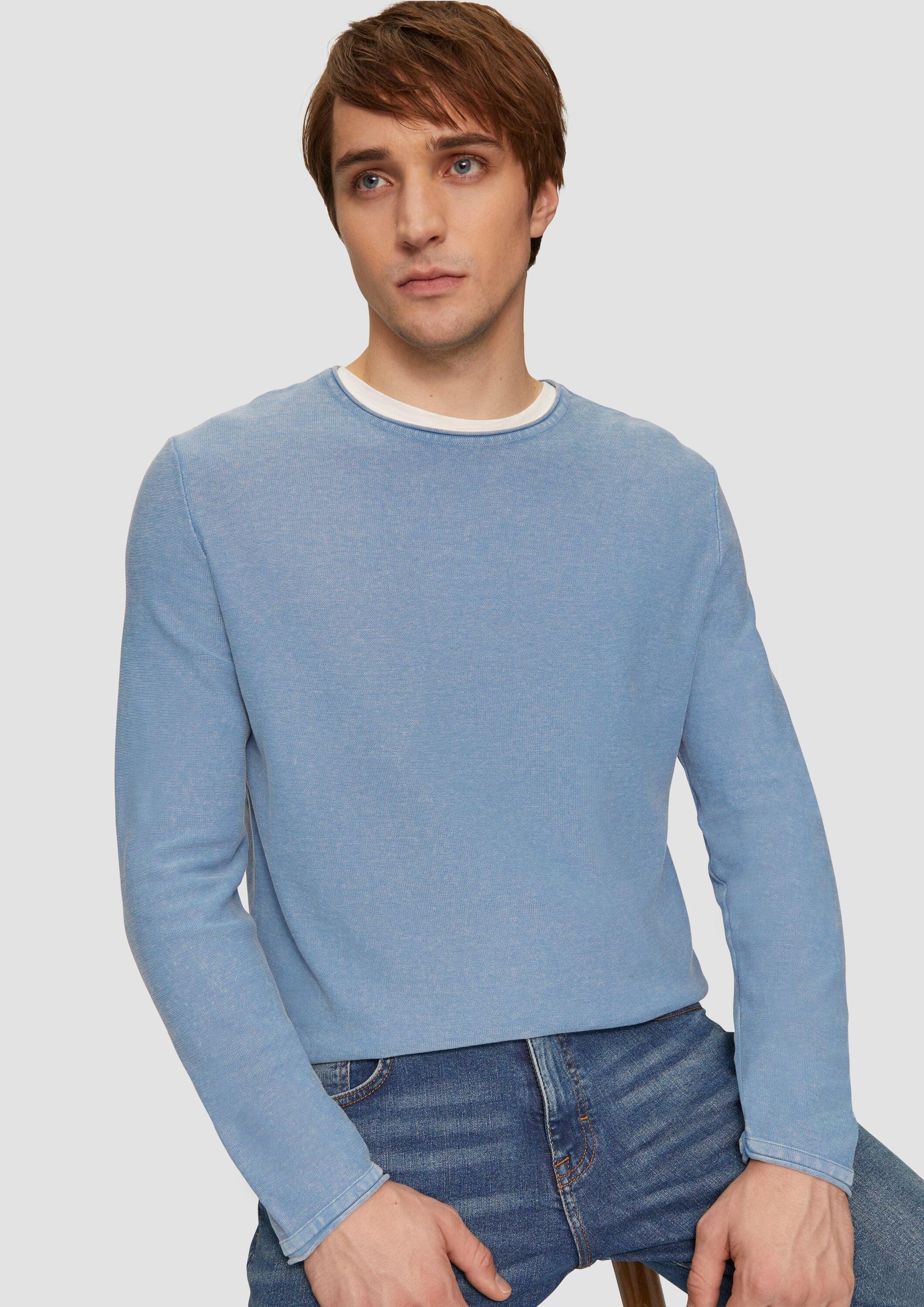 QS Longpullover Strickpullover Gewaschener Feinstrickpullover mit Rollkante
