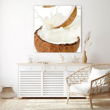 Primedeco Glasbild Wandbild Quadratisch Kokosmilch und Stücke mit Aufhängung, Früchte