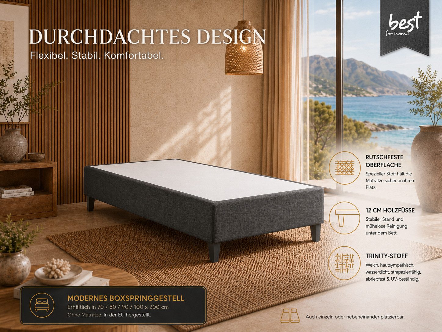 Best for Home Boxspringbett Hotelbett, Gästebett, Rahmenbett, Einzelbett, Bettgestell, Massivholz (Seniorenbett, Matratze, Jugendbett, Kinderbett, 1-St., 70x200 80x200 90x200 100x200 cm), Komfortbett, Boxspringgestell, Verschiedene Liefermöglichkeiten