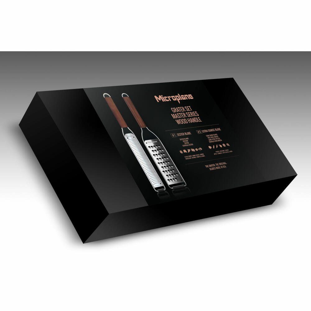 Microplane Küchenreibe Master-Geschenkset 2-tlg., Edelstahl, Walnuss, Gummi, (Set, 2-St), mit Walnussholz-Griff