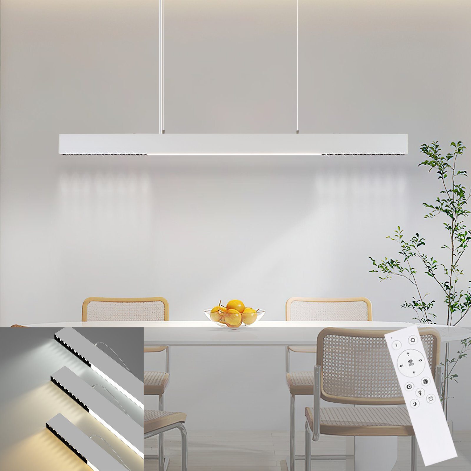 ZMH LED Pendelleuchte Esstisch Hängelampe Dimmbar - Modern mit Fernbedienung, LED fest integriert, Tageslichtweiß, weiß, 53W, dimmbar, Lang Linear weiß1 | Pendelleuchten