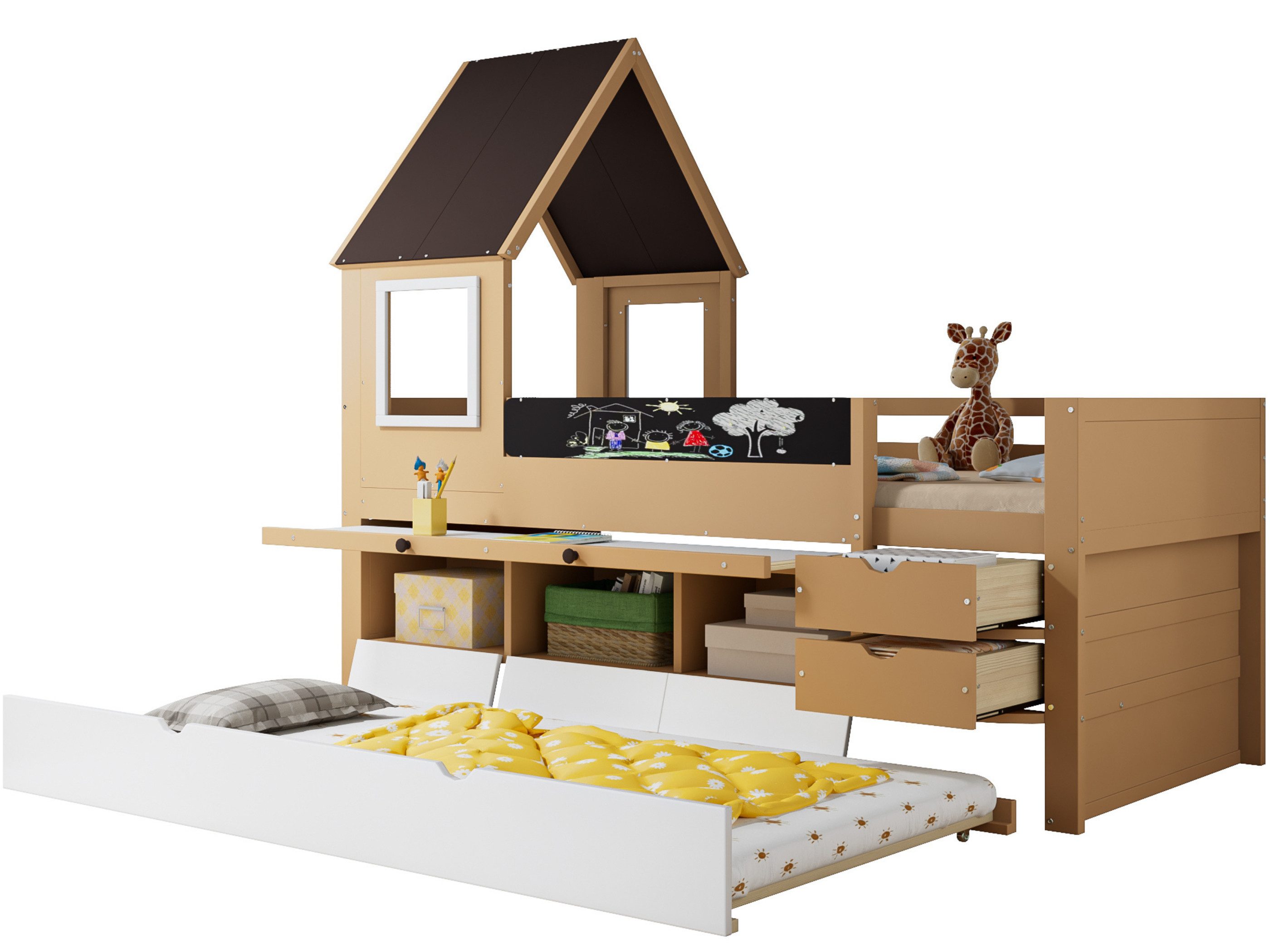 SeedWave Holzbett Multifunktionales Kinderbett Hausbett Funktionsbett mit 1 Ausziehbett, Das Funktionsbett mit Stautreppe, Ausziehbarem Schreibtisch, Tafel
