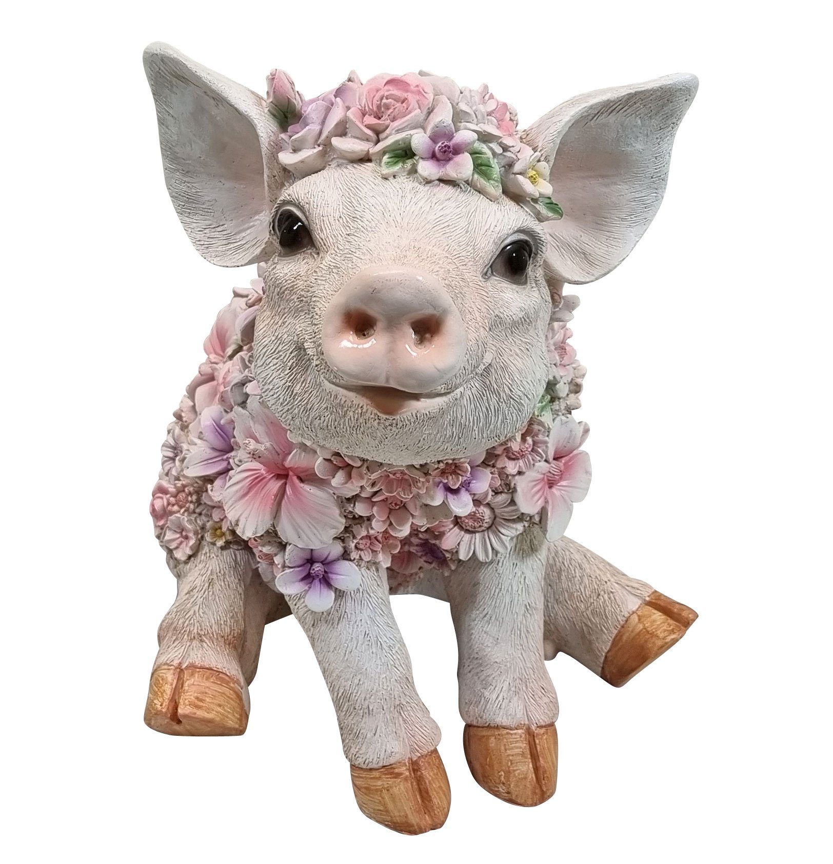 Fachhandel Plus Gartenfigur lustige Schwein sitzend mit handbemalt, Blumen, (1 Gartendeko St)