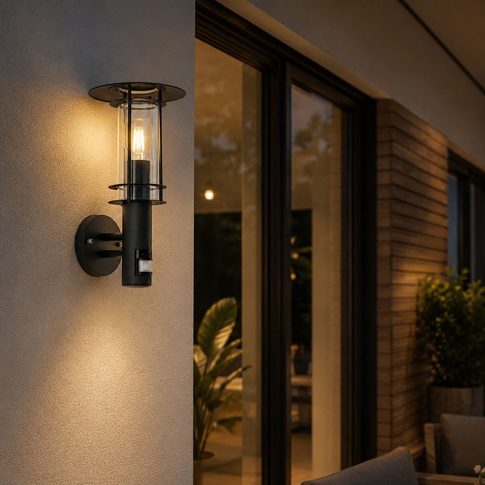 EGLO Außen-Wandleuchte, Leuchtmittel nicht inklusive, Wandleuchte Außenlampe Edelstahl Glas schwarz Bewegungsmelder IP44