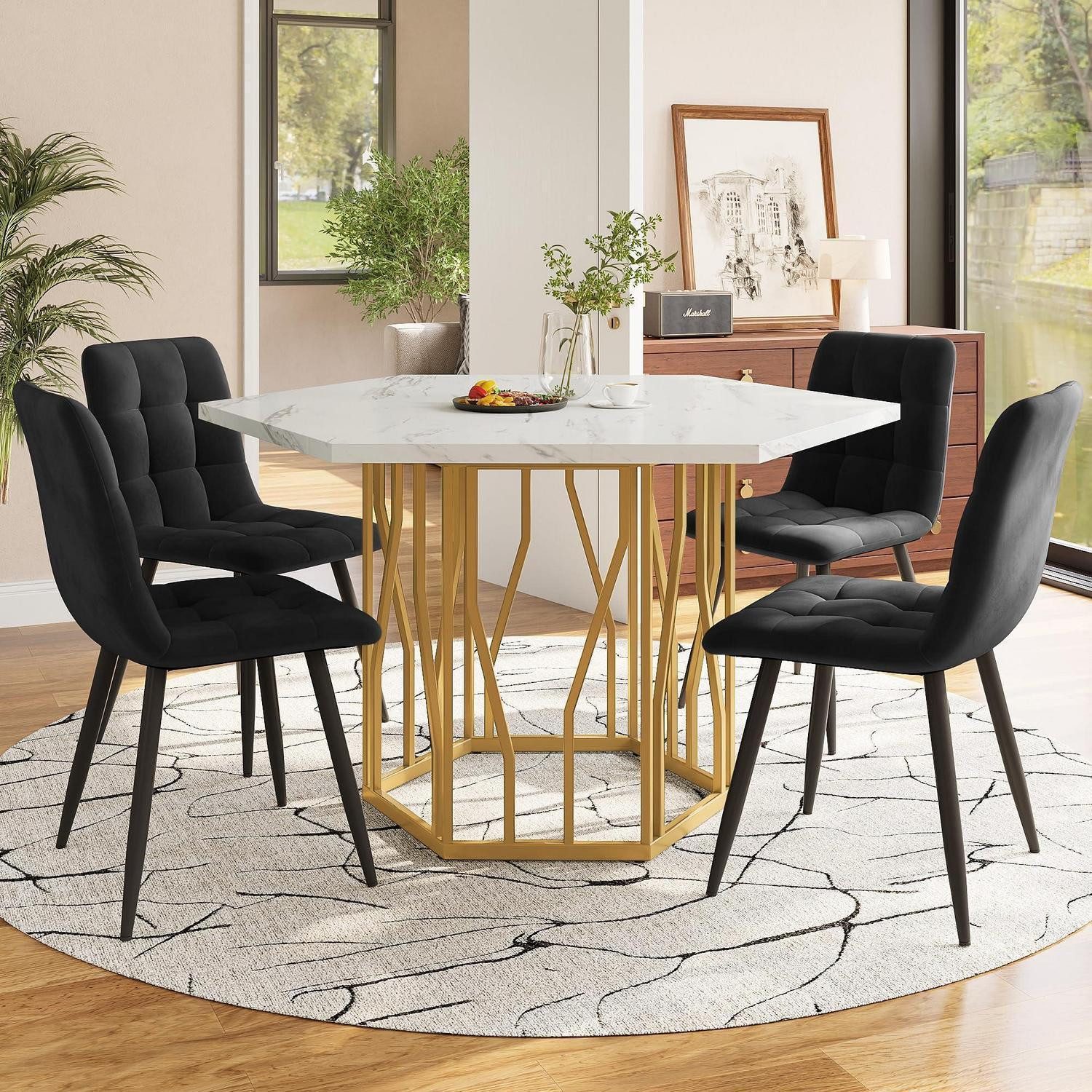 LuxusKollektion Esstisch Esstisch 5teilig Sechseckig 4 Stühle Küche Esszimmer Schwarz Gold (1-St)