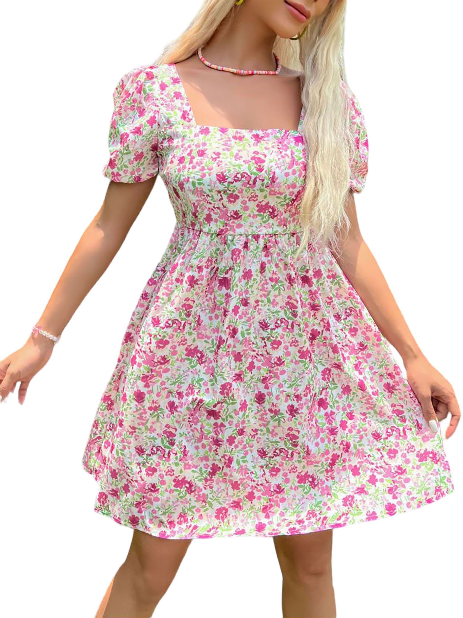 PYL A-Linien-Kleid Damen Blumen Drucken, Mini Sommerkleid 34-38 Größe