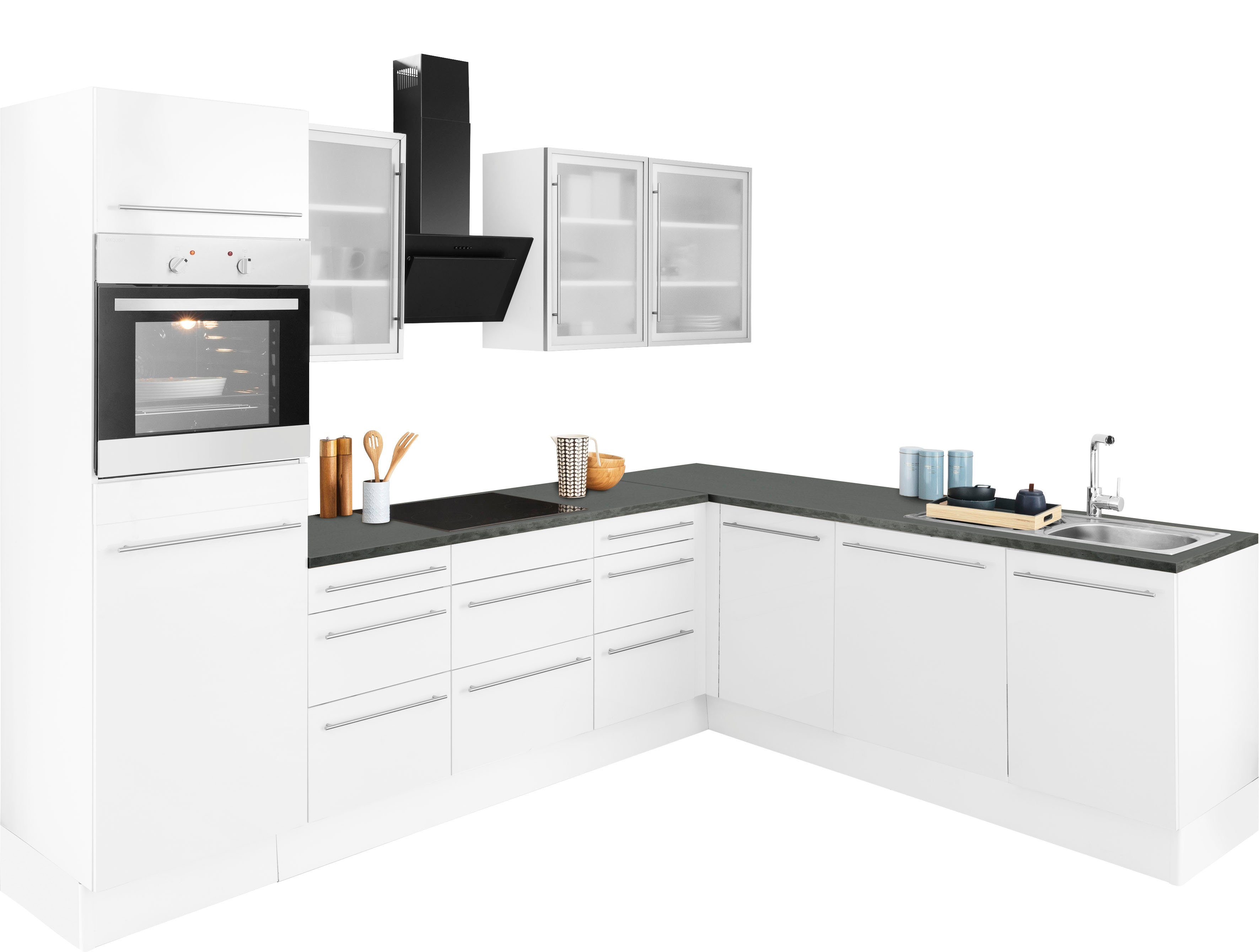 OPTIFIT Winkelküche Bern, Stellbreite 285x225 cm, wahlweise mit E-Geräten weiß Hochglanz/weiß-anthrazit | weiß Hochglanz | weiß