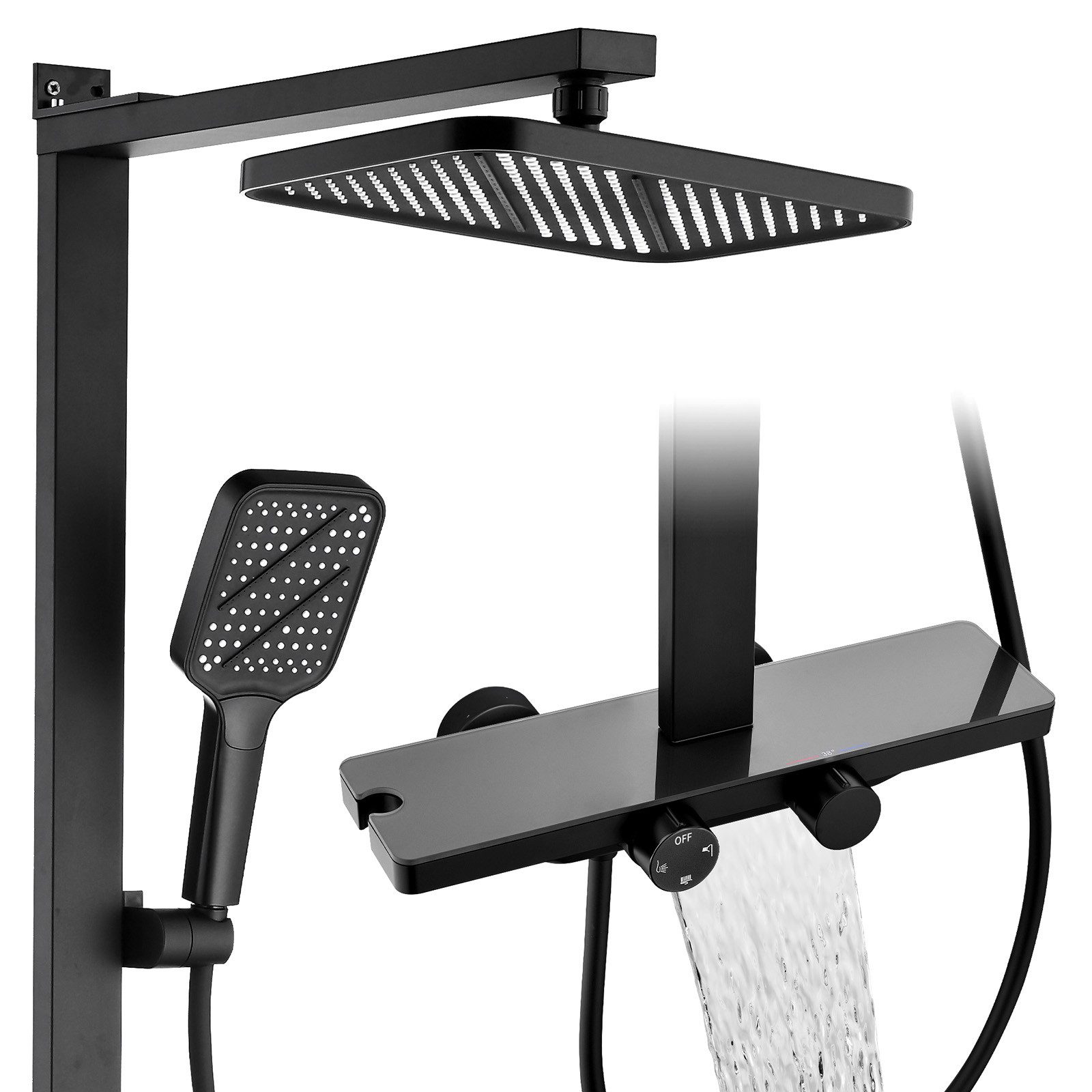 HOMELIVE Duschsystem mit Thermostat und Glasablage in Schwarz Matt,Brausegarnitur, 12 Zoll Regendusche, 3-Funktions-Handbrause, PPA-Kupfer, Aluprofil