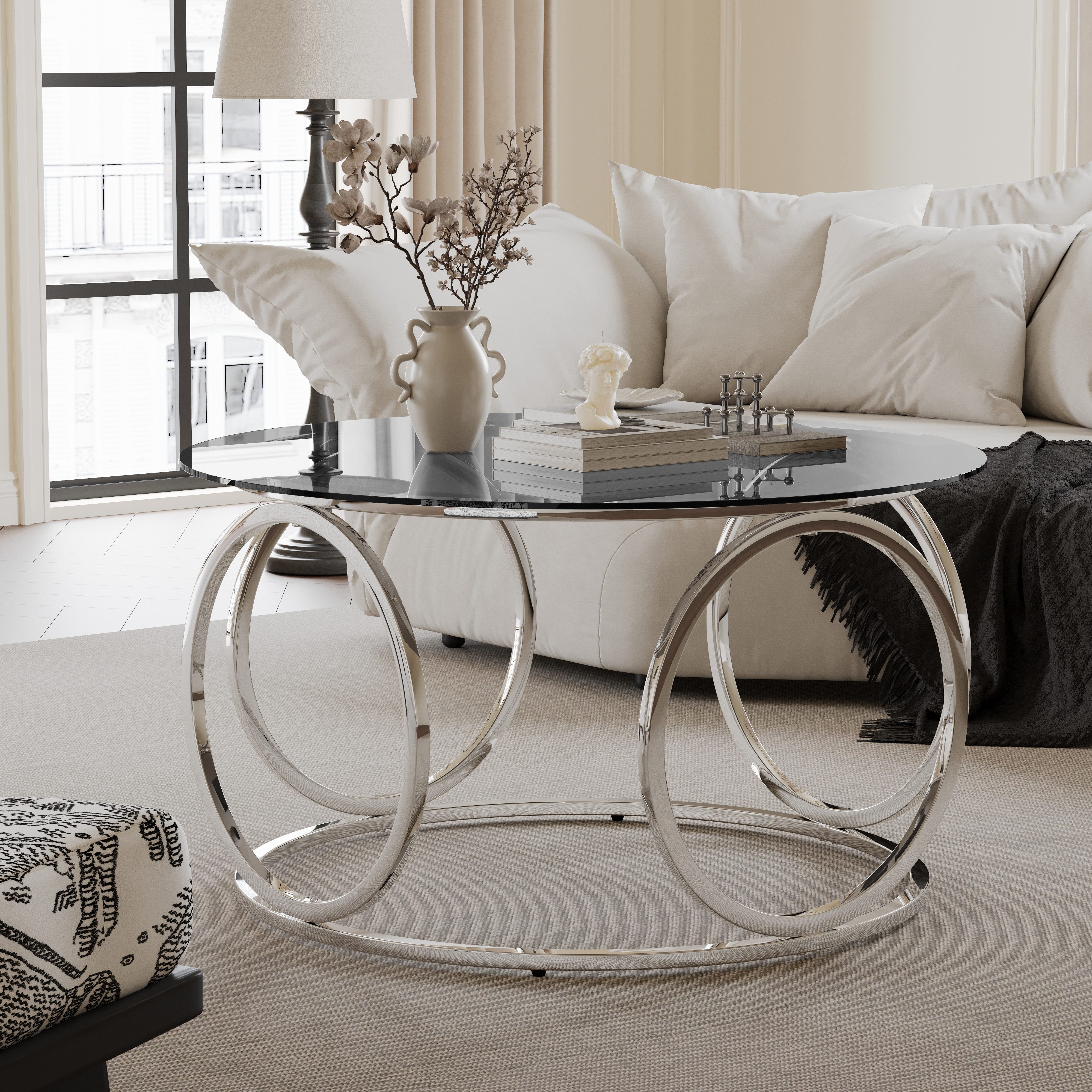 Celya Couchtisch 80CM Runder Moderner Glastisch mit Verchromt Metallgestell (6 mm starke Tischplatte aus gehärtetem Glas)
