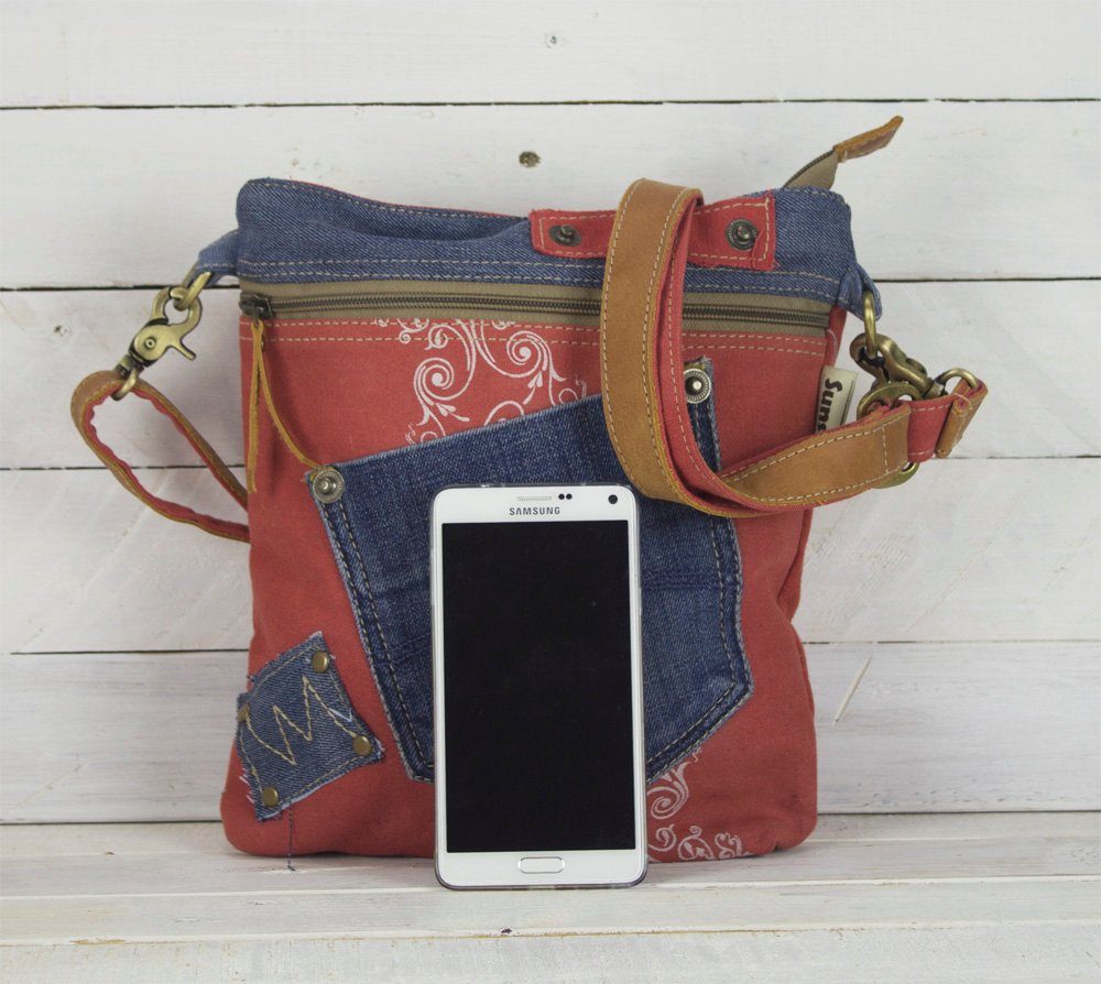 Damen Umhängetaschen Sunsa Umhängetasche Umhängetasche aus recycelte Jeans und Rote Canvas. Kleine Upcycling Tasche mit Einsteck
