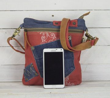 Sunsa Umhängetasche Umhängetasche aus recycelte Jeans und Rote Canvas. Kleine Upcycling Tasche mit Einsteckfronttasche, Upcycling Jeans