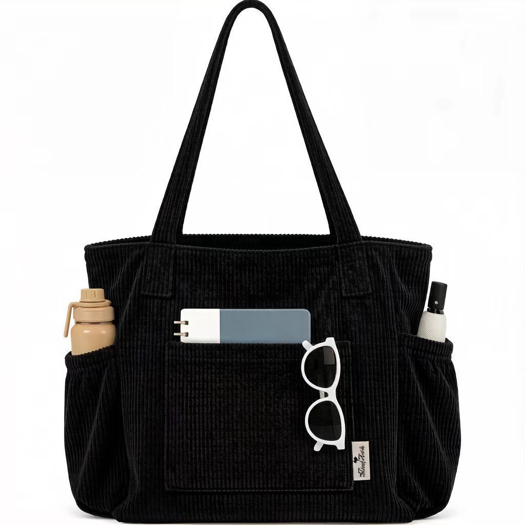 Umhängetasche Cord Tasche Damen, Groß Tote Bag Strandtasche mit Reißverschluss