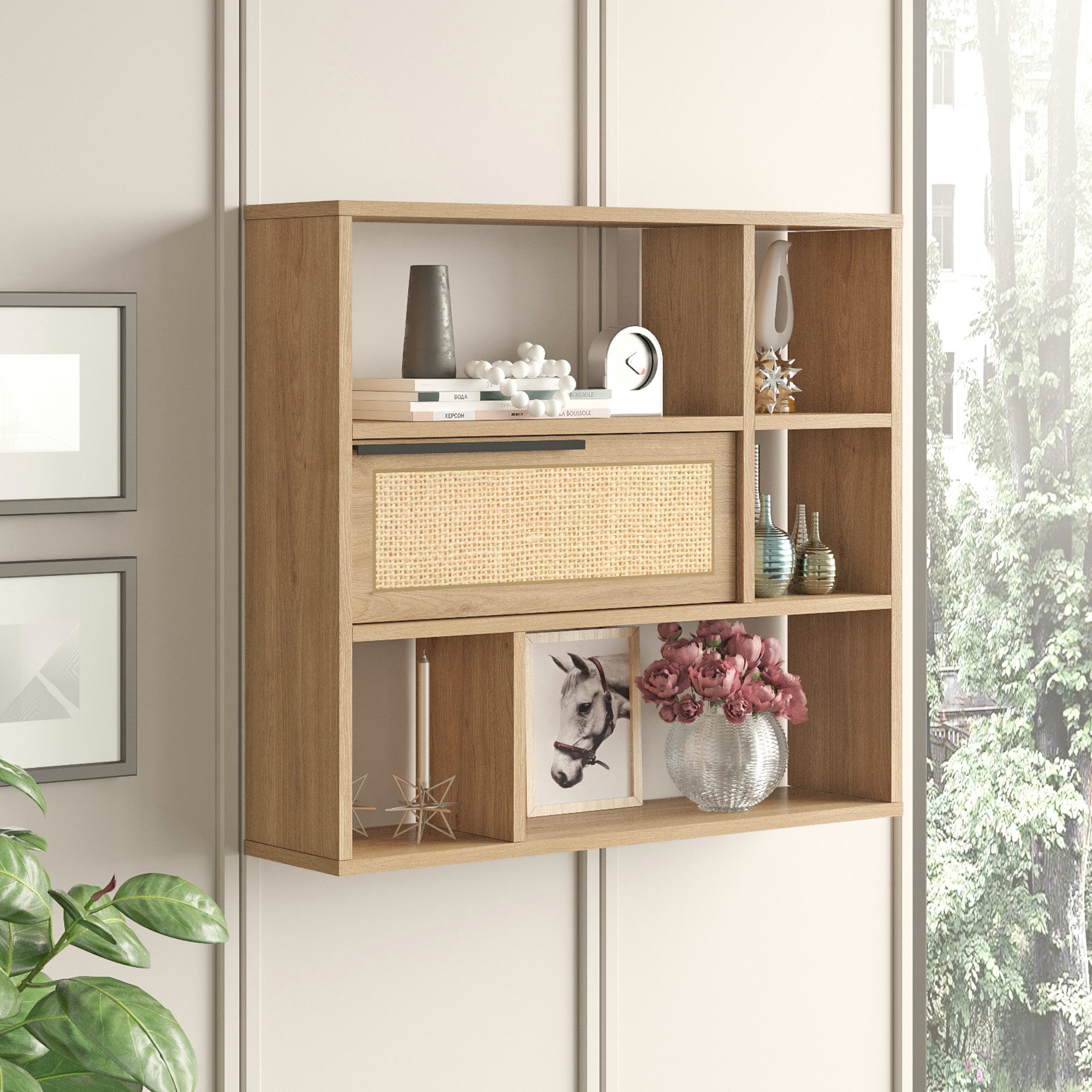 en.casa Wandregal, »Piteå« 90x22x81cm Eiche/Rattanoptik günstig online kaufen